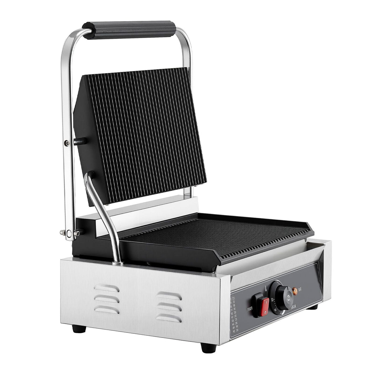 Commercial Panini Grill, 1800W Electric Sandwich Panini Maker, Stainless Steel Sandwichs Press with Handle and Temp Control, 13.5x9.3 in Full Grooved Enamel Plate, for Hamburger Steak Bacon