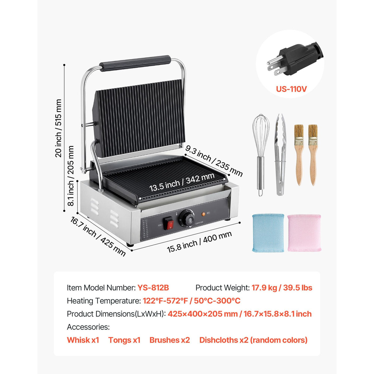 Commercial Panini Grill, 1800W Electric Sandwich Panini Maker, Stainless Steel Sandwichs Press with Handle and Temp Control, 13.5x9.3 in Full Grooved Enamel Plate, for Hamburger Steak Bacon