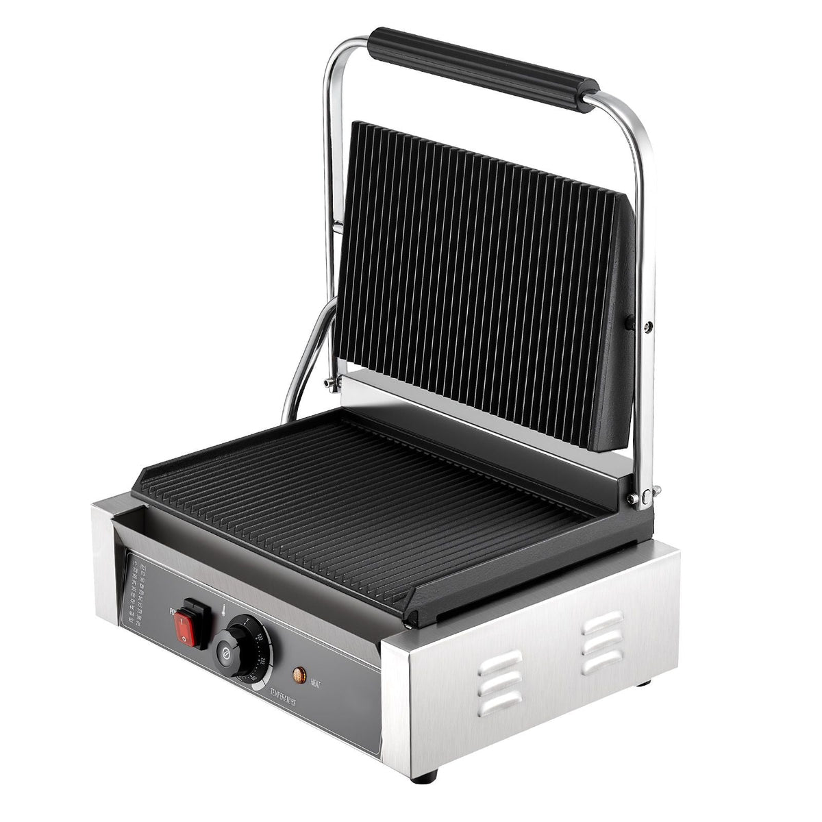 Commercial Panini Grill, 1800W Electric Sandwich Panini Maker, Stainless Steel Sandwichs Press with Handle and Temp Control, 13.5x9.3 in Full Grooved Enamel Plate, for Hamburger Steak Bacon