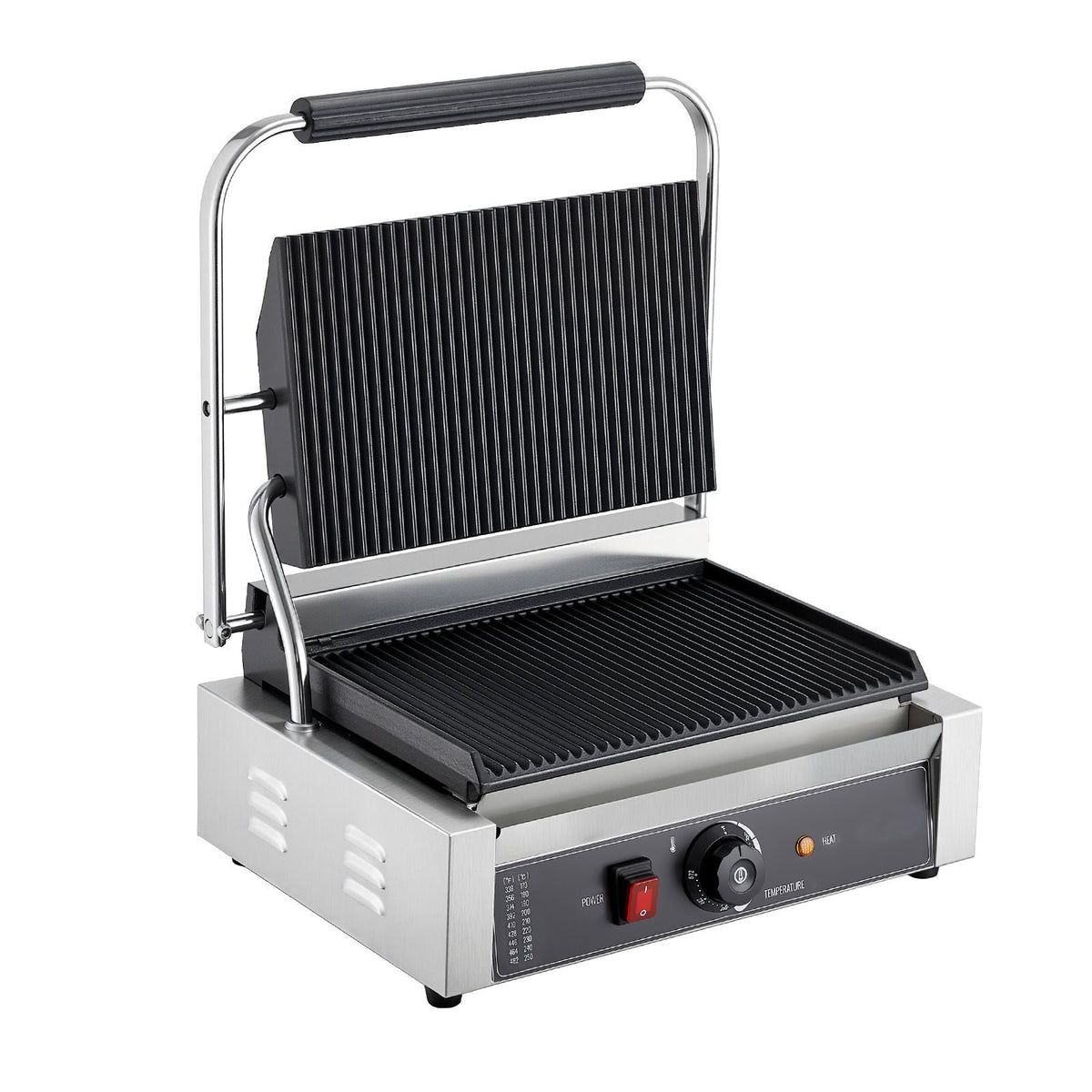 Commercial Panini Grill, 1800W Electric Sandwich Panini Maker, Stainless Steel Sandwichs Press with Handle and Temp Control, 13.5x9.3 in Full Grooved Enamel Plate, for Hamburger Steak Bacon