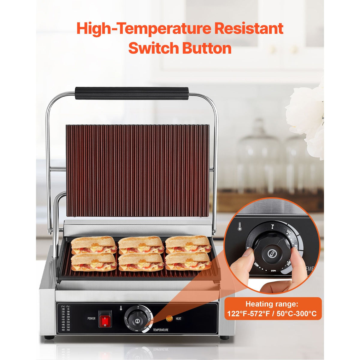 Commercial Panini Grill, 1800W Electric Sandwich Panini Maker, Stainless Steel Sandwichs Press with Handle and Temp Control, 13.5x9.3 in Full Grooved Enamel Plate, for Hamburger Steak Bacon