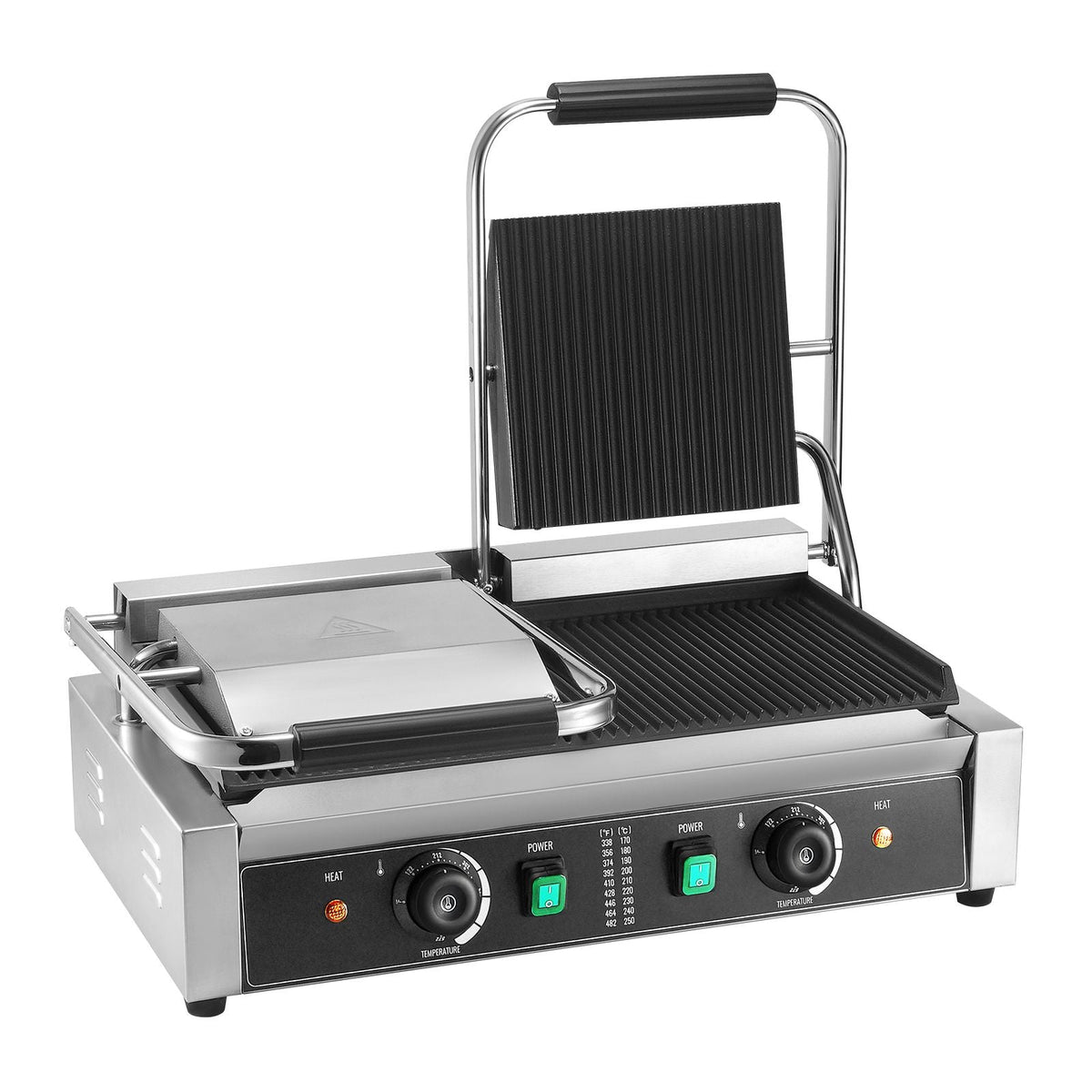 Commercial Panini Grill, 3600W Electric Sandwich Panini Maker, Stainless Steel Double Sandwich Press, Panini Grill Temp Control & 19"x9" Full Grooved Enamel Plate, for Hamburger Steak Bacon