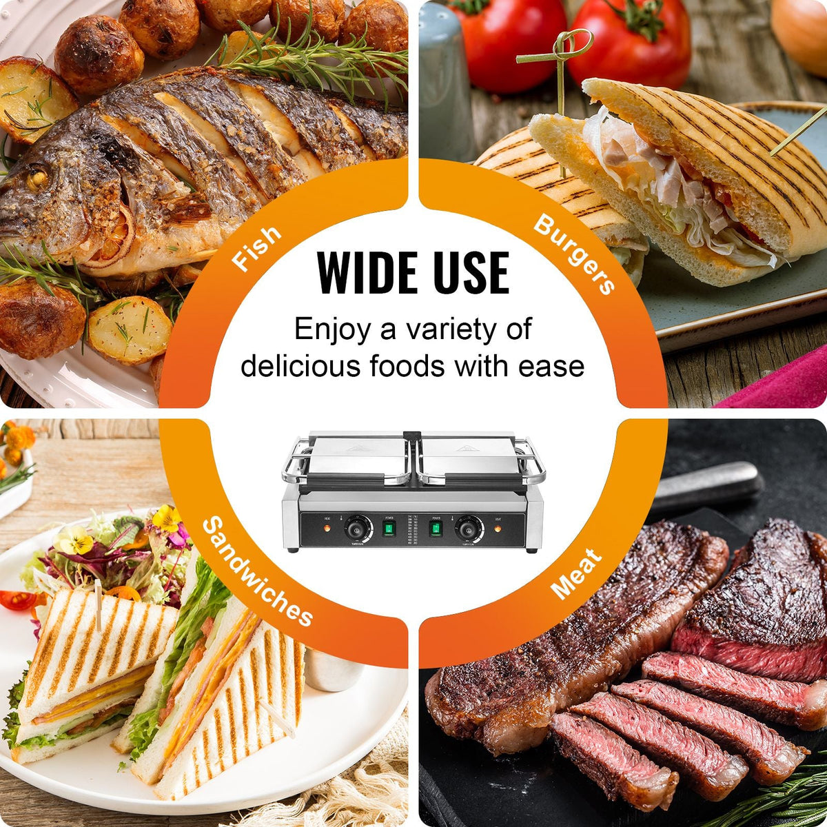 Commercial Panini Grill, 3600W Electric Sandwich Panini Maker, Stainless Steel Double Sandwich Press, Panini Grill Temp Control & 19"x9" Full Grooved Enamel Plate, for Hamburger Steak Bacon