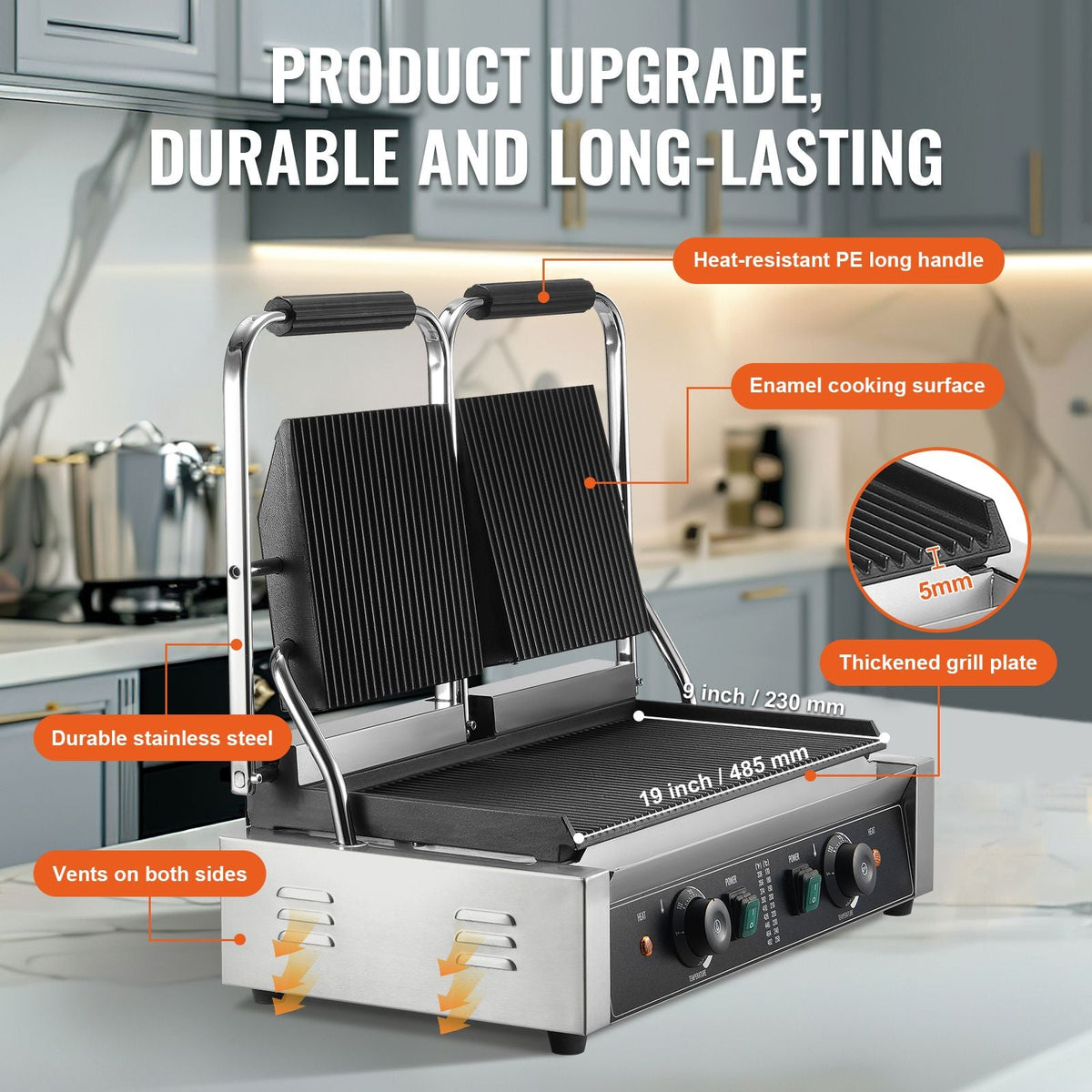 Commercial Panini Grill, 3600W Electric Sandwich Panini Maker, Stainless Steel Double Sandwich Press, Panini Grill Temp Control & 19"x9" Full Grooved Enamel Plate, for Hamburger Steak Bacon