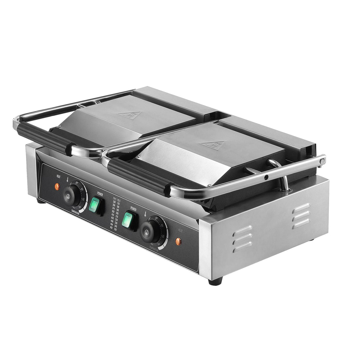 Commercial Panini Grill, 3600W Electric Sandwich Panini Maker, Stainless Steel Double Sandwich Press, Panini Grill Temp Control & 19"x9" Full Grooved Enamel Plate, for Hamburger Steak Bacon