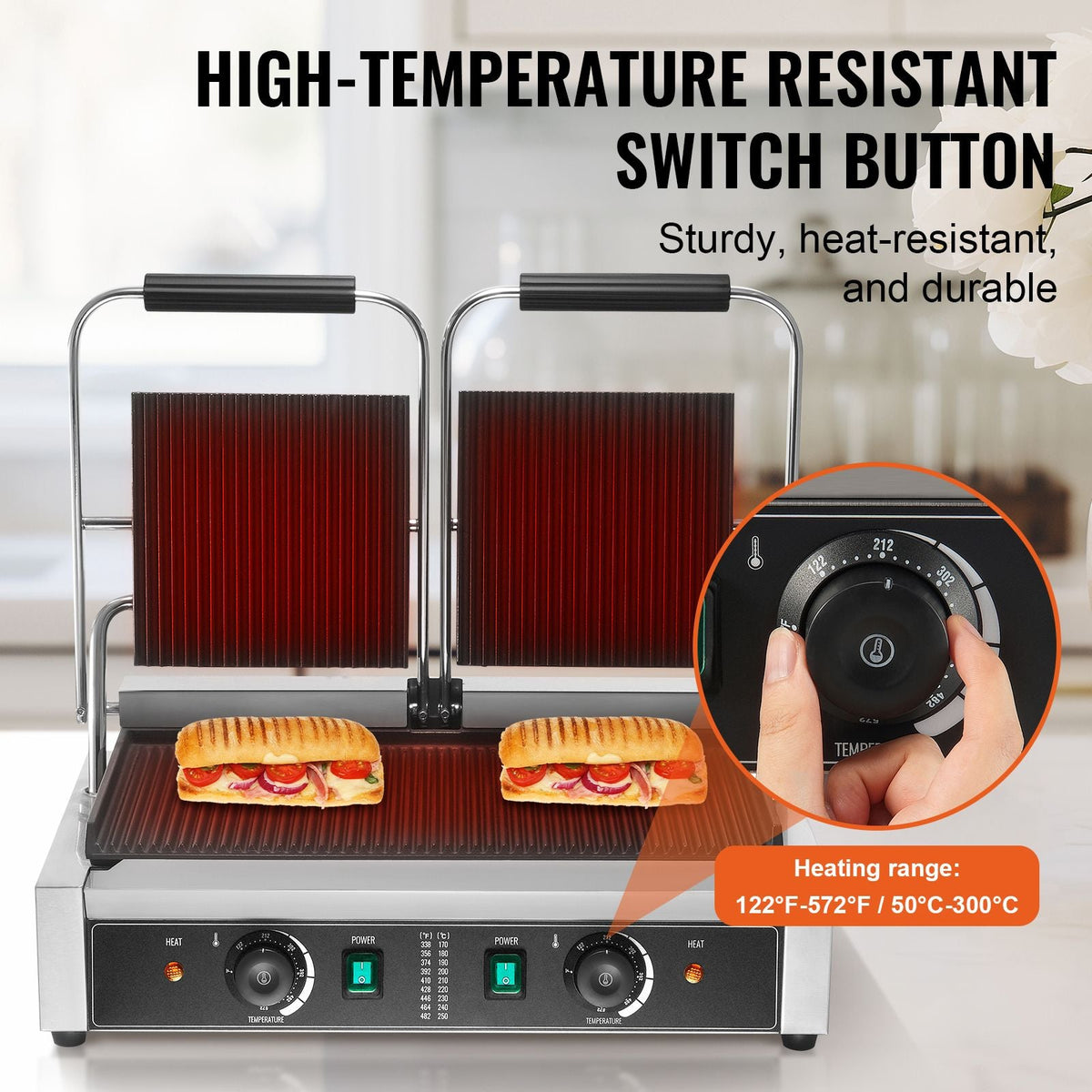 Commercial Panini Grill, 3600W Electric Sandwich Panini Maker, Stainless Steel Double Sandwich Press, Panini Grill Temp Control & 19"x9" Full Grooved Enamel Plate, for Hamburger Steak Bacon