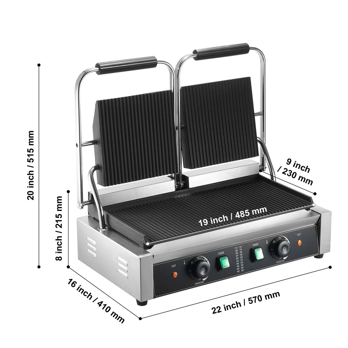 Commercial Panini Grill, 3600W Electric Sandwich Panini Maker, Stainless Steel Double Sandwich Press, Panini Grill Temp Control & 19"x9" Full Grooved Enamel Plate, for Hamburger Steak Bacon