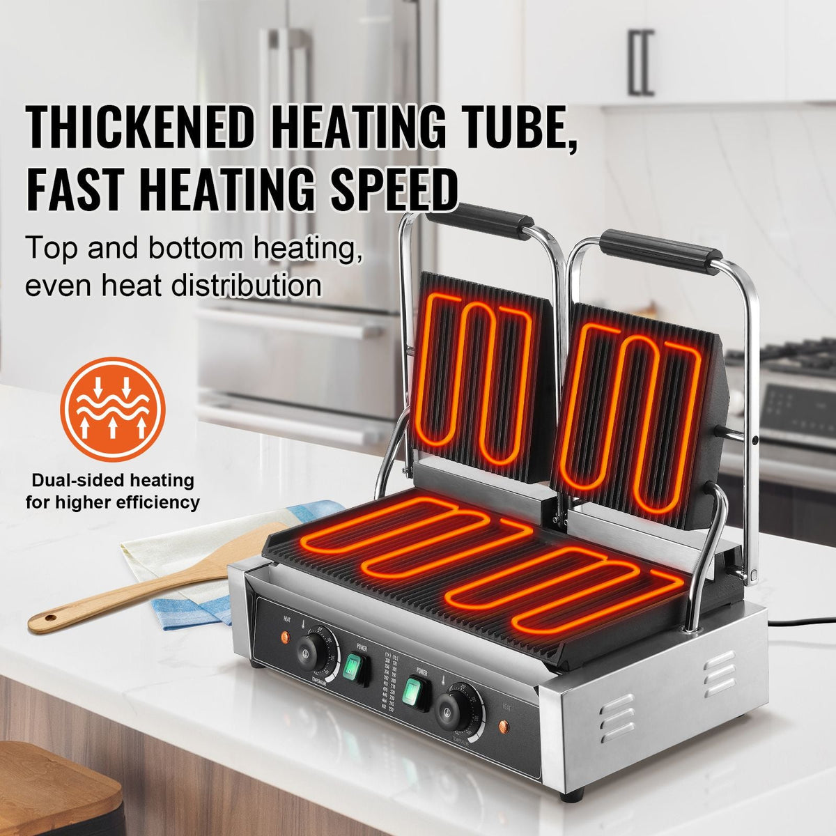 Commercial Panini Grill, 3600W Electric Sandwich Panini Maker, Stainless Steel Double Sandwich Press, Panini Grill Temp Control & 19"x9" Full Grooved Enamel Plate, for Hamburger Steak Bacon