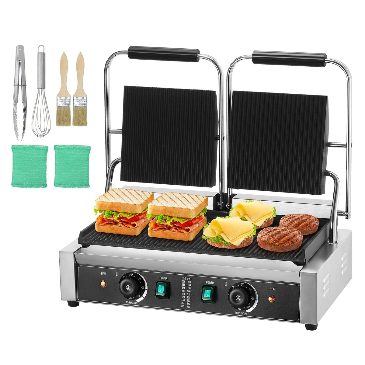 Commercial Panini Grill, 3600W Electric Sandwich Panini Maker, Stainless Steel Double Sandwich Press, Panini Grill Temp Control & 19"x9" Full Grooved Enamel Plate, for Hamburger Steak Bacon