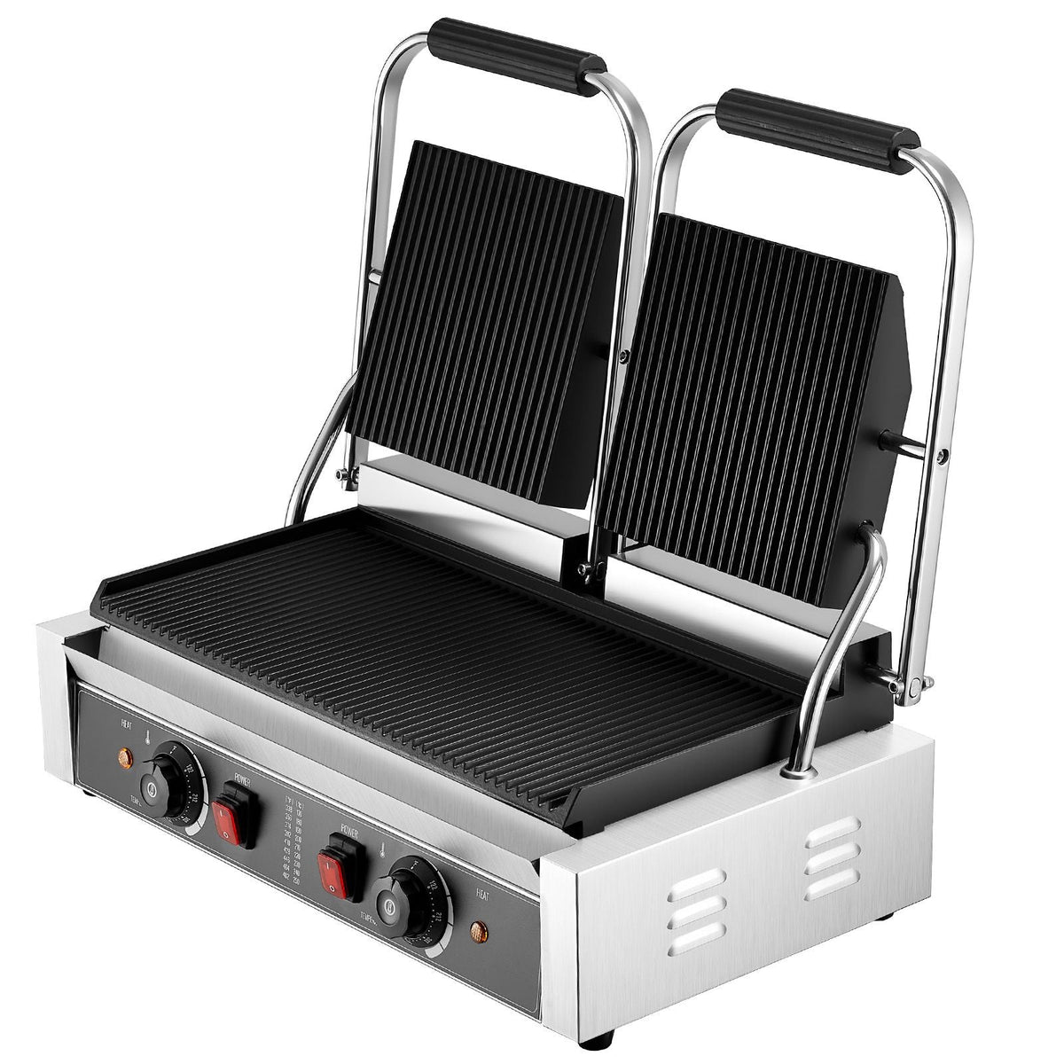 Commercial Panini Grill, 3600W Electric Sandwich Panini Maker, Stainless Steel Double Sandwichs Press with Handle and Temp Control, 19x9 in Full Grooved Enamel Plate, for Hamburger Steak Bacon