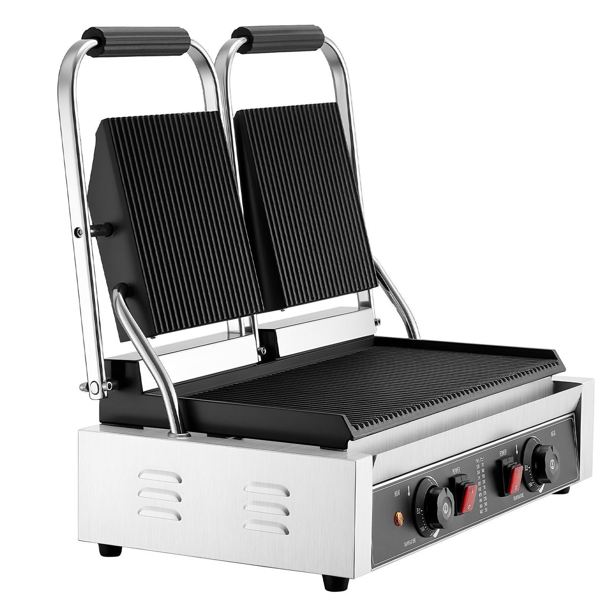 Commercial Panini Grill, 3600W Electric Sandwich Panini Maker, Stainless Steel Double Sandwichs Press with Handle and Temp Control, 19x9 in Full Grooved Enamel Plate, for Hamburger Steak Bacon