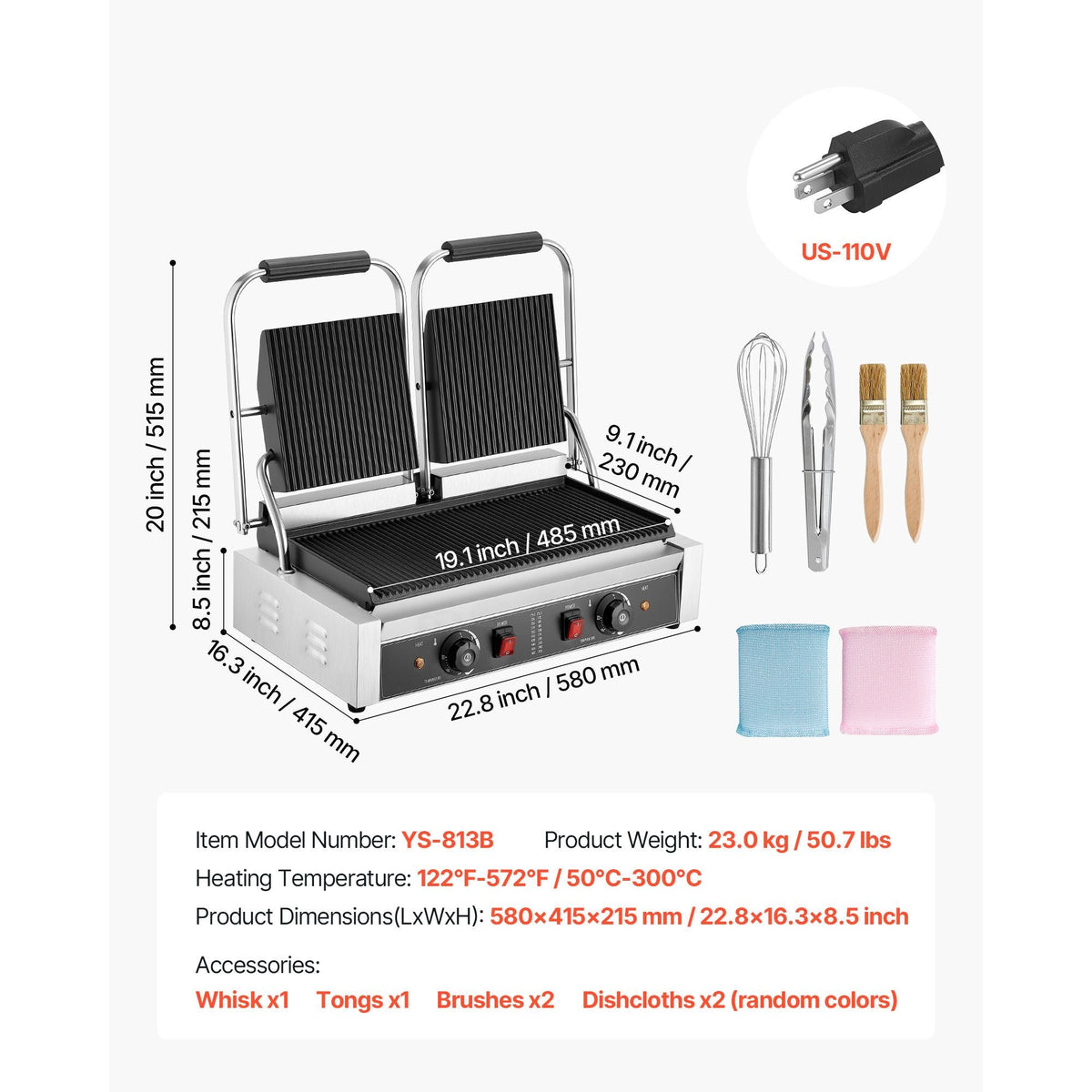 Commercial Panini Grill, 3600W Electric Sandwich Panini Maker, Stainless Steel Double Sandwichs Press with Handle and Temp Control, 19x9 in Full Grooved Enamel Plate, for Hamburger Steak Bacon