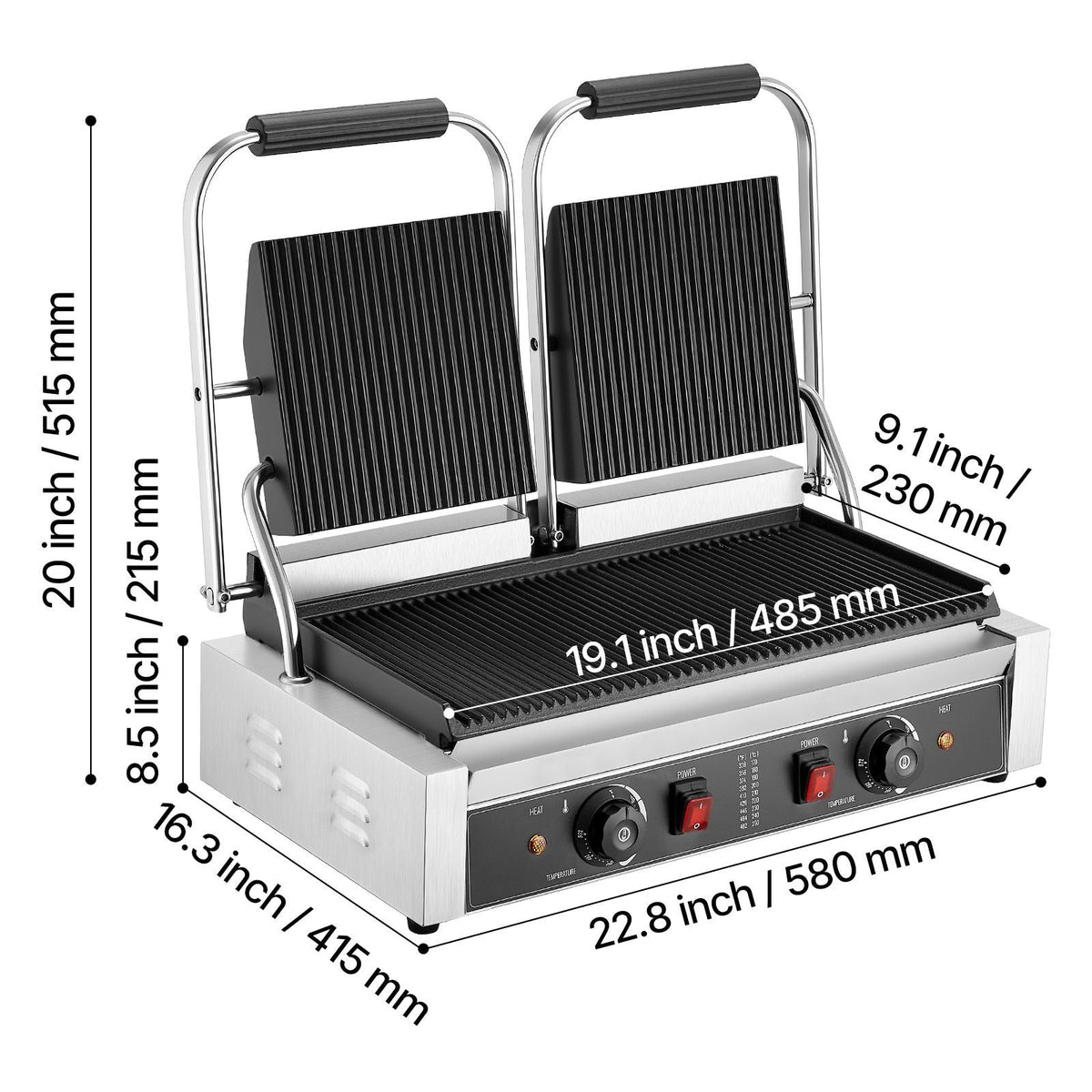 Commercial Panini Grill, 3600W Electric Sandwich Panini Maker, Stainless Steel Double Sandwichs Press with Handle and Temp Control, 19x9 in Full Grooved Enamel Plate, for Hamburger Steak Bacon