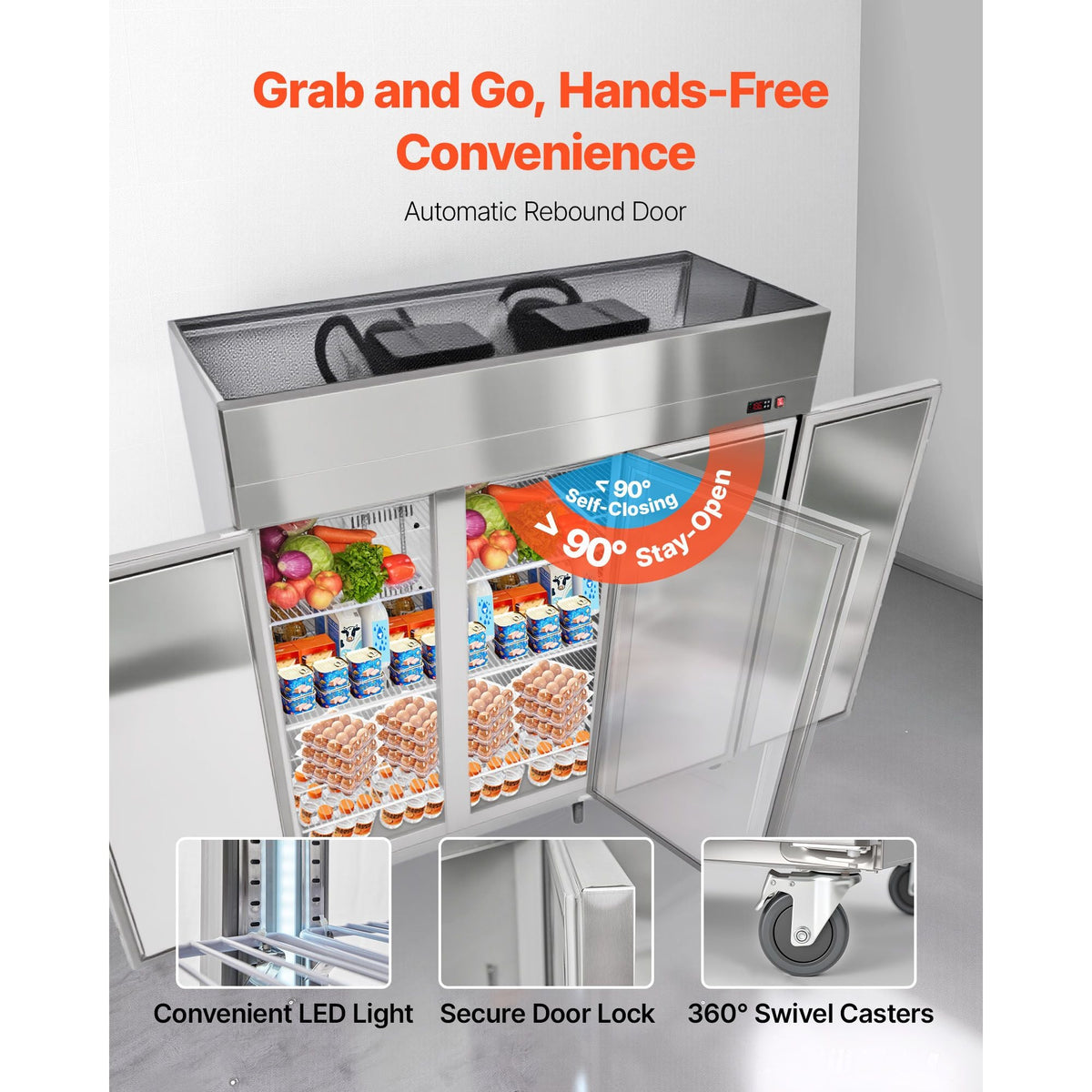 Commercial Reach-In Refrigerator 72" W, 52 Cu.Ft Stainless Steel Upright Refrigerator with Three Doors, Auto-Defrost, 9 Adjustable Shelves, 32 to 50 Fahrenheit Temp Control, UL Certified