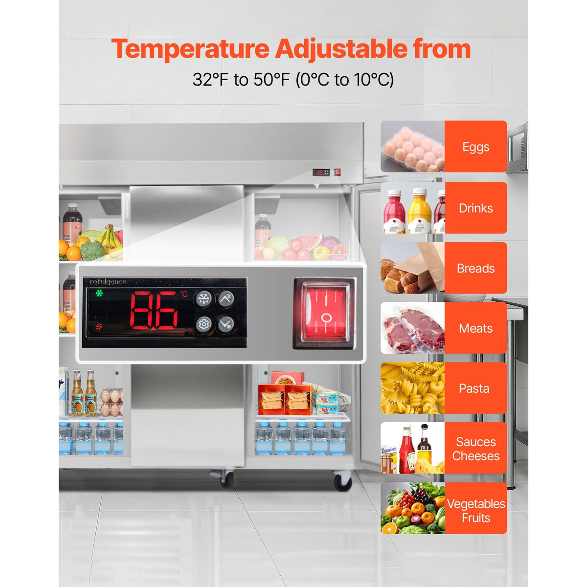 Commercial Reach-In Refrigerator 72" W, 52 Cu.Ft Stainless Steel Upright Refrigerator with Three Doors, Auto-Defrost, 9 Adjustable Shelves, 32 to 50 Fahrenheit Temp Control, UL Certified