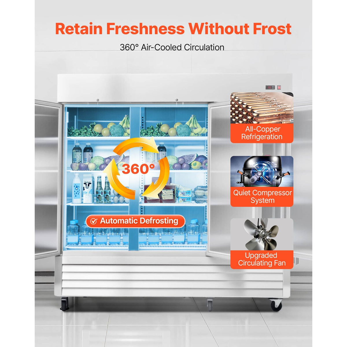 Commercial Reach-In Refrigerator 85" W, 69 Cu.Ft Stainless Steel Upright Refrigerator with Three Doors, Auto-Defrost, 12 Adjustable Shelves, 32 to 50 Fahrenheit Temp Control, ETL Certified