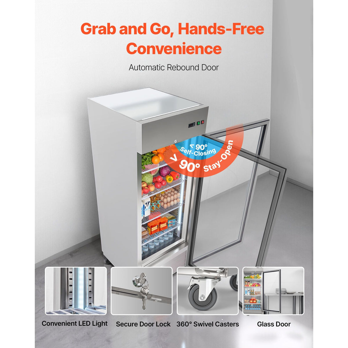 Commercial Refrigerator, 29.02 in Width Reach In Upright Refrigeration Single Glass Door, 21.5 Cu.ft Auto-Defrost Refrigerator with 4 Adjustable Shelves, 32 to 50 Fahrenheit Temp Range