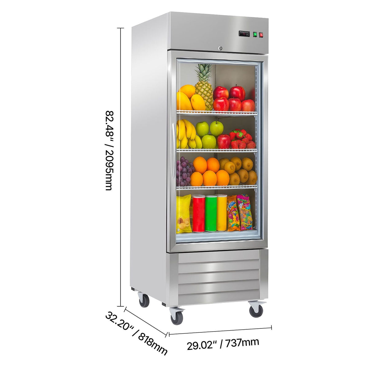 Commercial Refrigerator, 29.02 in Width Reach In Upright Refrigeration Single Glass Door, 21.5 Cu.ft Auto-Defrost Refrigerator with 4 Adjustable Shelves, 32 to 50 Fahrenheit Temp Range