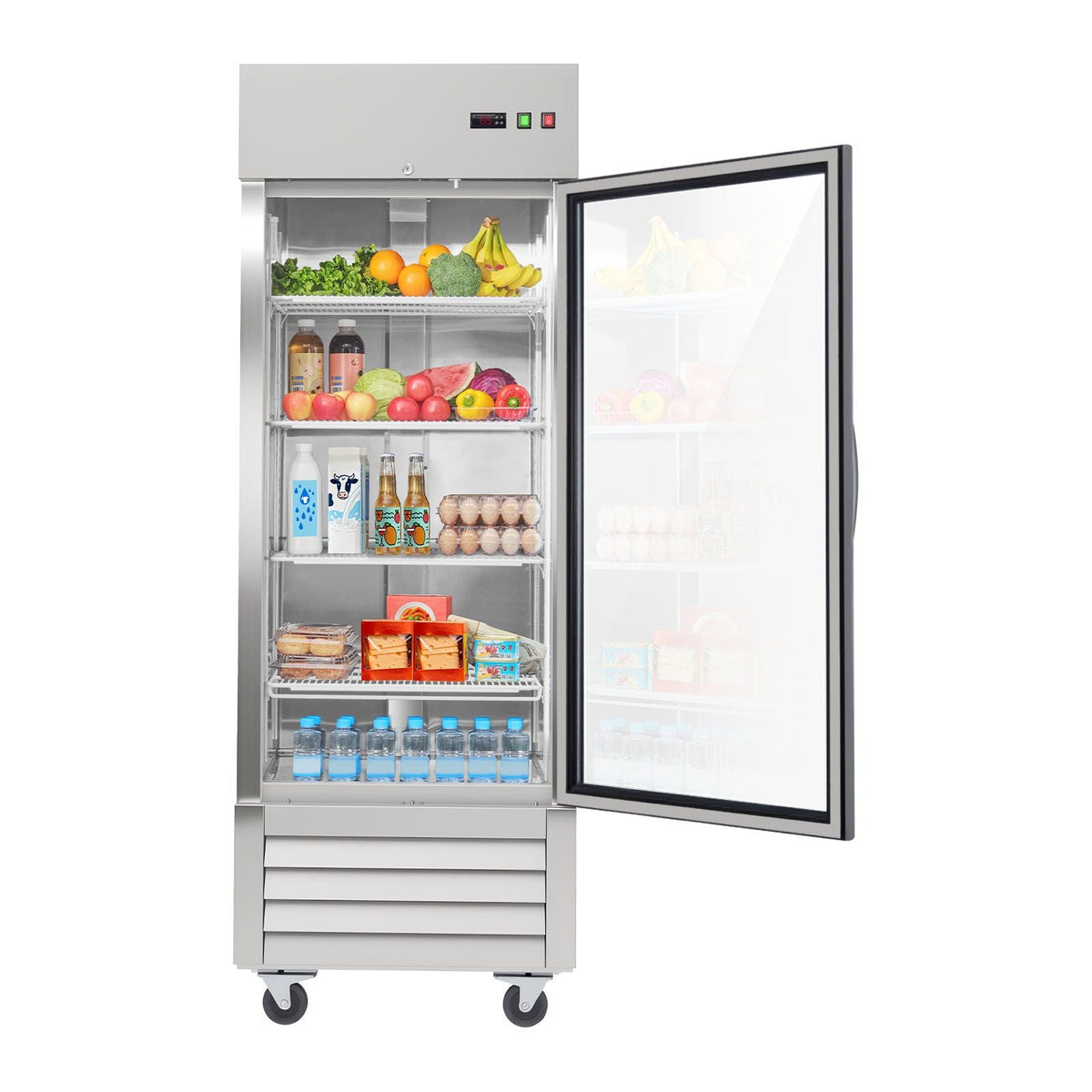 Commercial Refrigerator, 29.02 in Width Reach In Upright Refrigeration Single Glass Door, 21.5 Cu.ft Auto-Defrost Refrigerator with 4 Adjustable Shelves, 32 to 50 Fahrenheit Temp Range