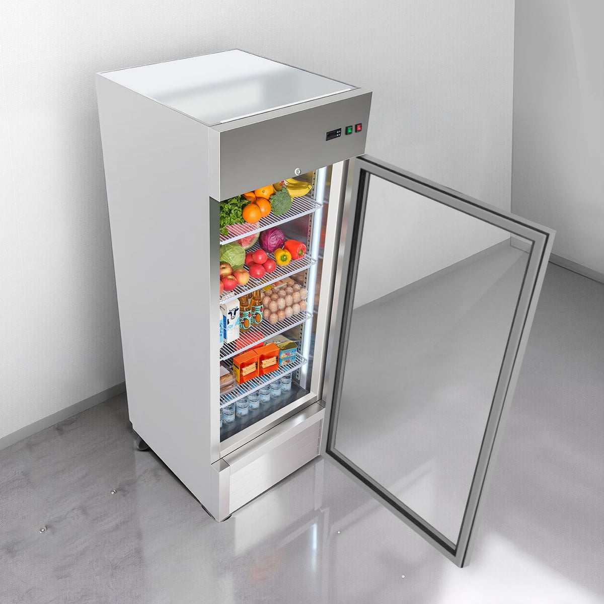 Commercial Refrigerator, 29.02 in Width Reach In Upright Refrigeration Single Glass Door, 21.5 Cu.ft Auto-Defrost Refrigerator with 4 Adjustable Shelves, 32 to 50 Fahrenheit Temp Range