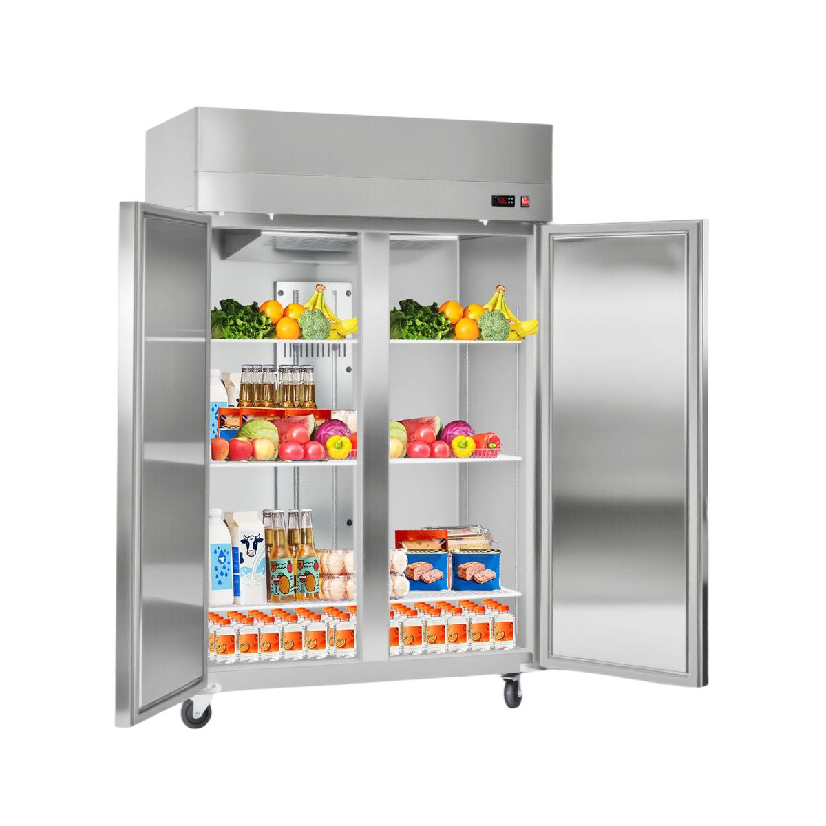 Commercial Refrigerator, 31.89 in Width Reach In Upright Refrigeration Double Door, 32.1 Cu.ft Auto-Defrost Refrigerator with 8 Adjustable Shelves, 32 to 50 Fahrenheit Temp Range, 4 Wheels