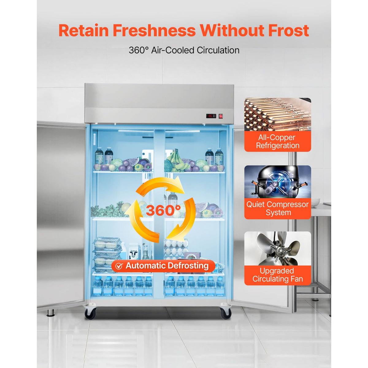 Commercial Refrigerator, 31.89 in Width Reach In Upright Refrigeration Double Door, 32.1 Cu.ft Auto-Defrost Refrigerator with 8 Adjustable Shelves, 32 to 50 Fahrenheit Temp Range, 4 Wheels