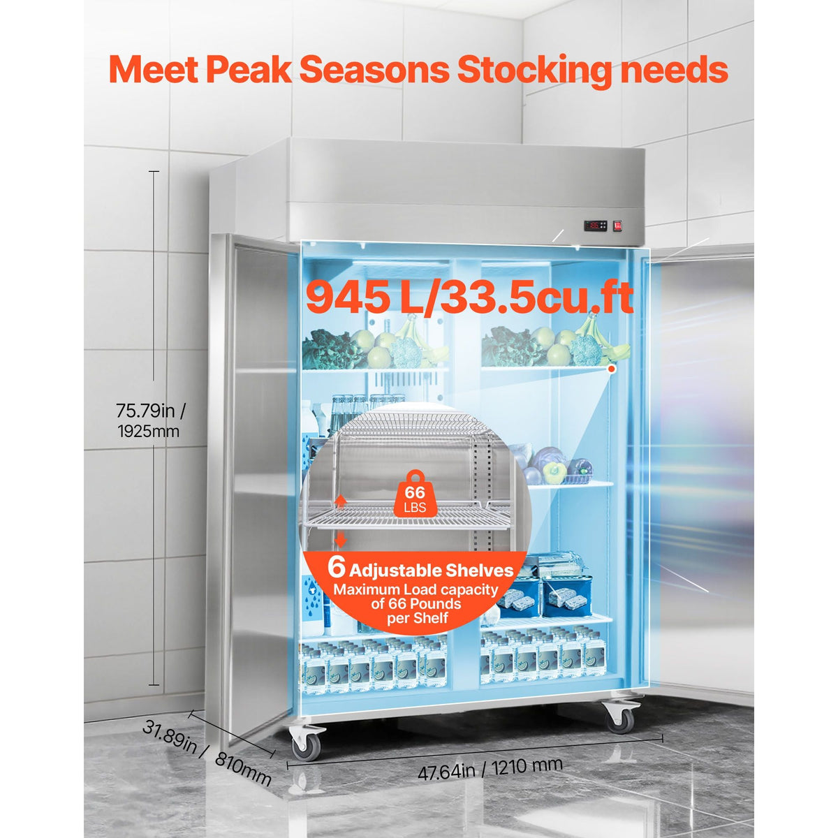 Commercial Refrigerator, 31.89 in Width Reach In Upright Refrigeration Double Door, 32.1 Cu.ft Auto-Defrost Refrigerator with 8 Adjustable Shelves, 32 to 50 Fahrenheit Temp Range, 4 Wheels