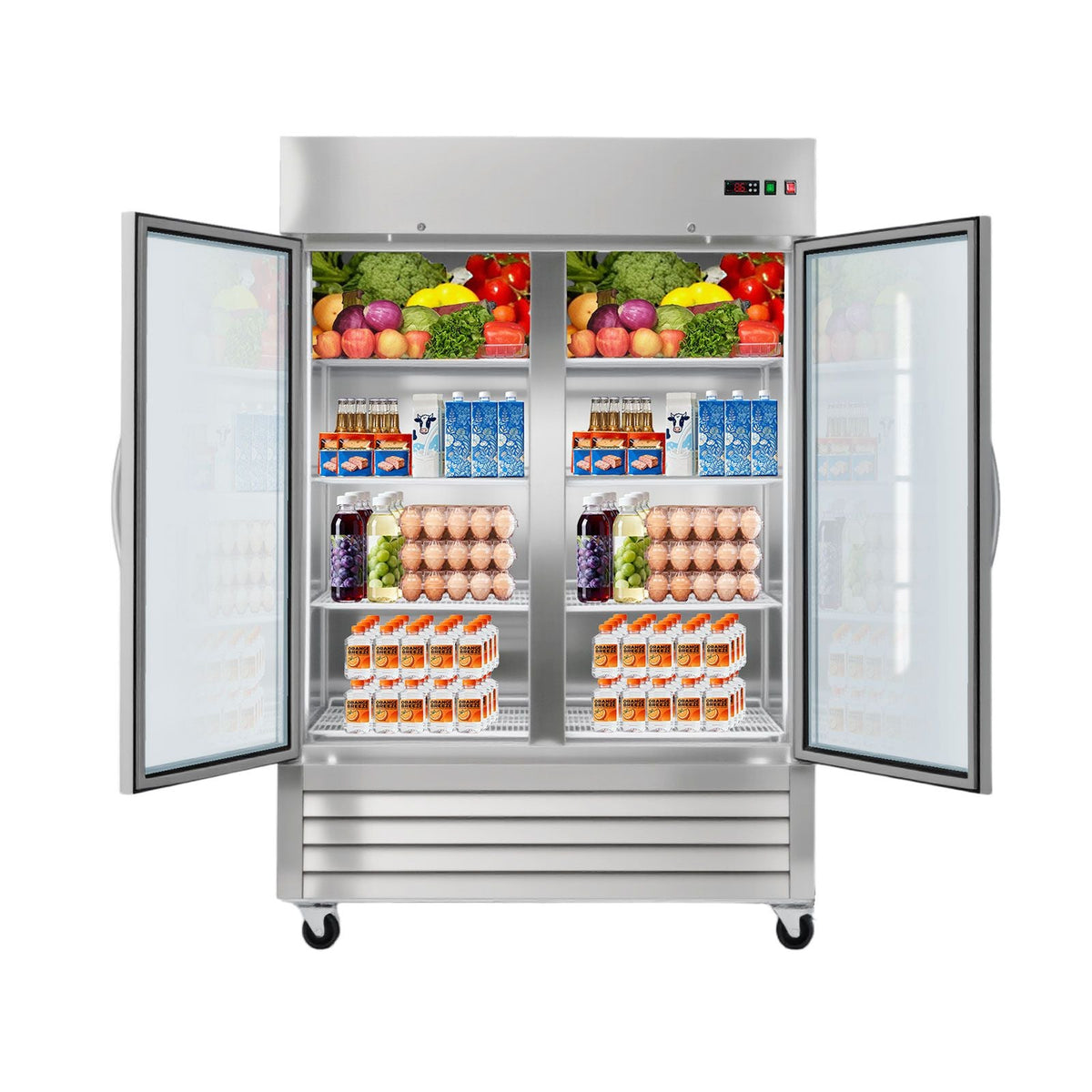 Commercial Refrigerator, 32.2 in Width Reach In Upright Refrigeration Double Glass Door, 43.2 Cu.ft Auto-Defrost Stainless Steel Refrigerator with 8 Adjustable Shelves, 32 to 50 F Temp Range
