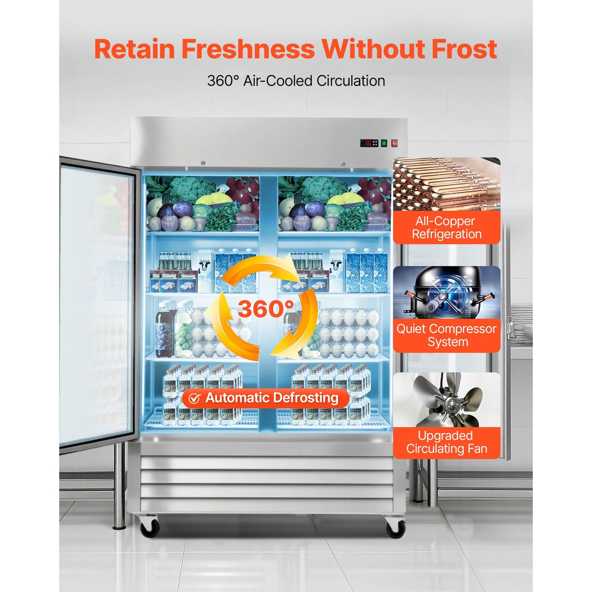 Commercial Refrigerator, 32.2 in Width Reach In Upright Refrigeration Double Glass Door, 43.2 Cu.ft Auto-Defrost Stainless Steel Refrigerator with 8 Adjustable Shelves, 32 to 50 F Temp Range