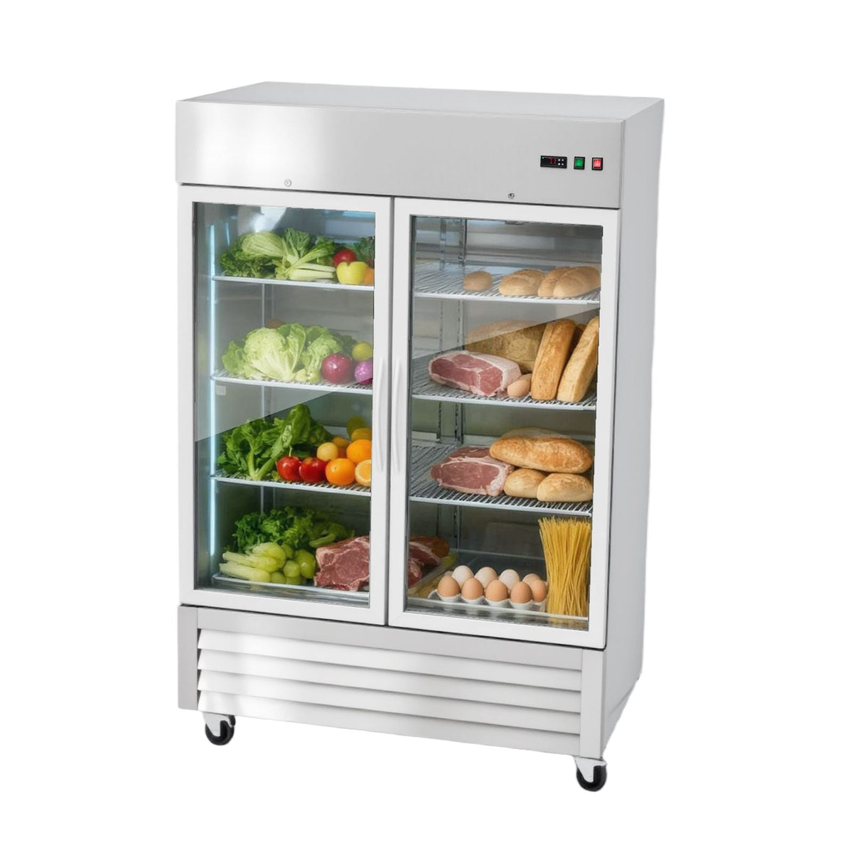 Commercial Refrigerator, 32.2 in Width Reach In Upright Refrigeration Double Glass Door, 43.2 Cu.ft Auto-Defrost Stainless Steel Refrigerator with 8 Adjustable Shelves, 32 to 50 F Temp Range