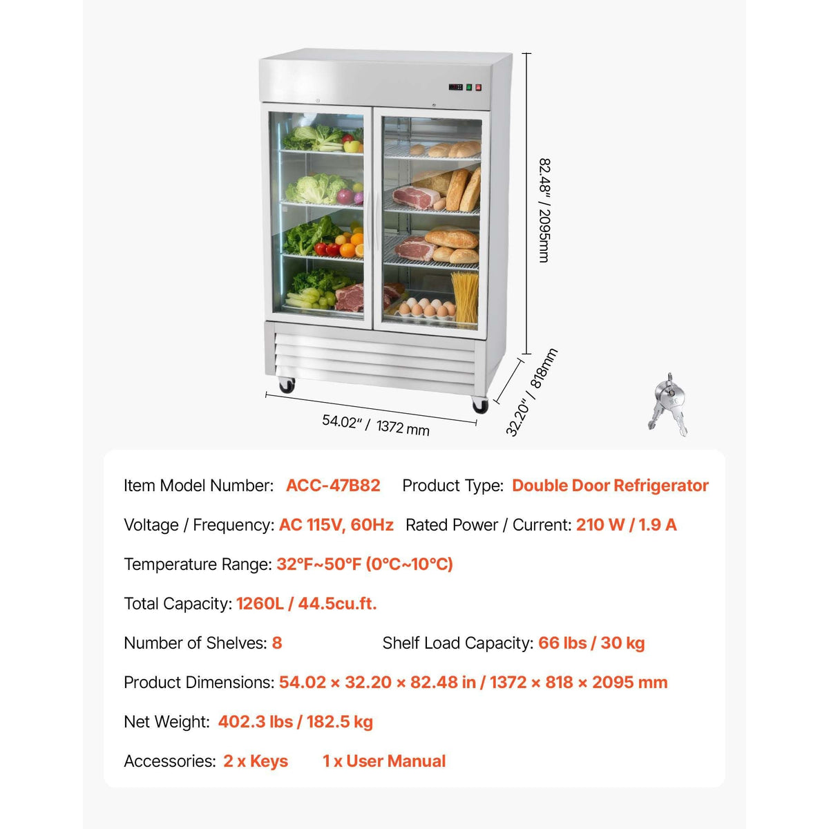 Commercial Refrigerator, 32.2 in Width Reach In Upright Refrigeration Double Glass Door, 43.2 Cu.ft Auto-Defrost Stainless Steel Refrigerator with 8 Adjustable Shelves, 32 to 50 F Temp Range