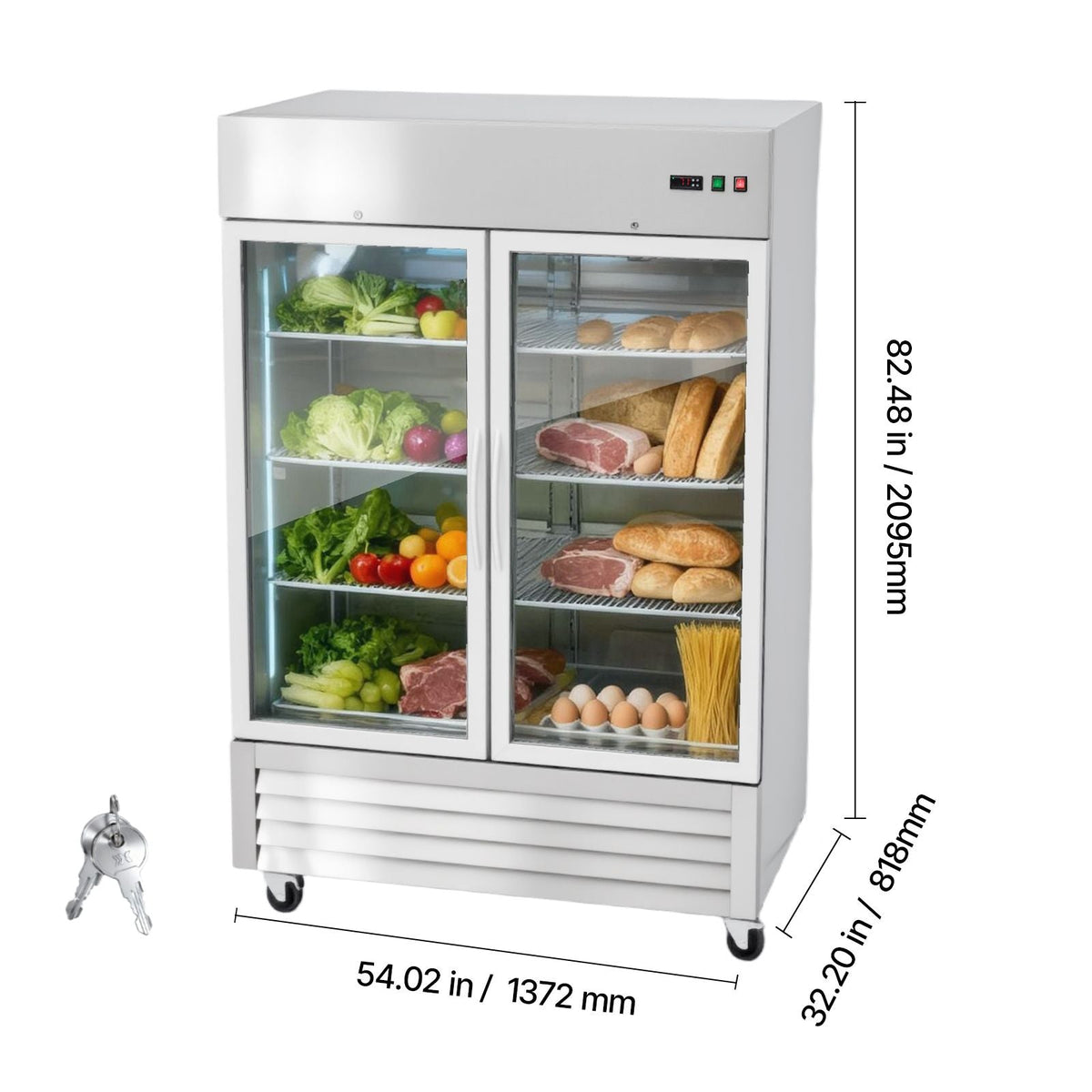 Commercial Refrigerator, 32.2 in Width Reach In Upright Refrigeration Double Glass Door, 43.2 Cu.ft Auto-Defrost Stainless Steel Refrigerator with 8 Adjustable Shelves, 32 to 50 F Temp Range