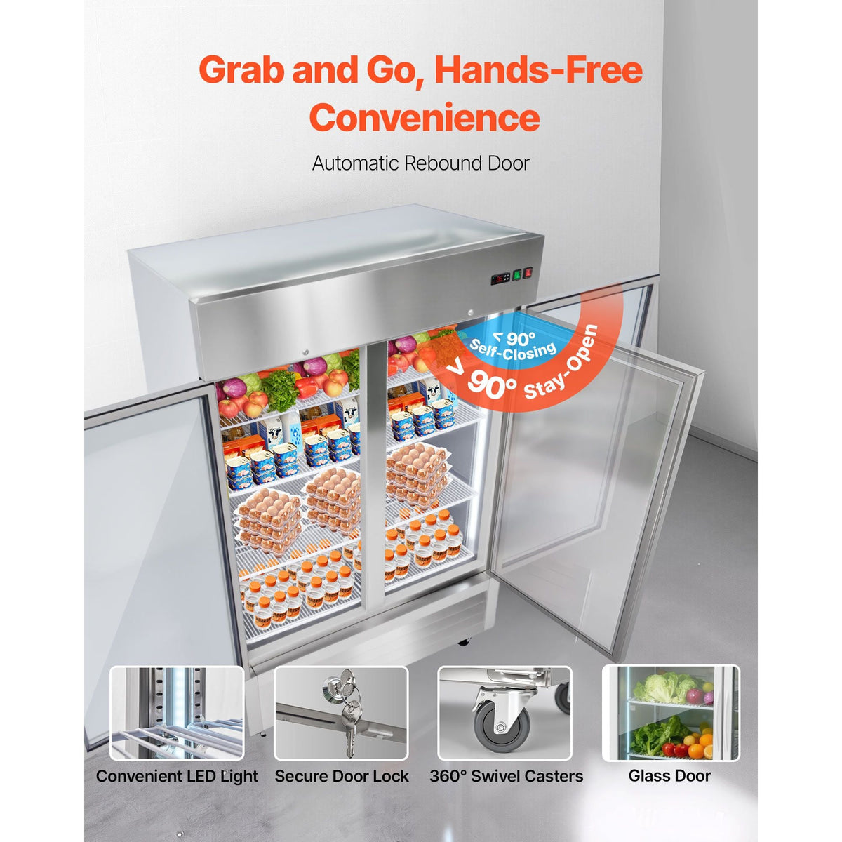 Commercial Refrigerator, 32.2 in Width Reach In Upright Refrigeration Double Glass Door, 43.2 Cu.ft Auto-Defrost Stainless Steel Refrigerator with 8 Adjustable Shelves, 32 to 50 F Temp Range
