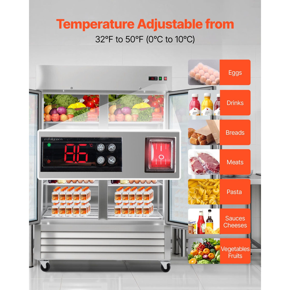 Commercial Refrigerator, 32.2 in Width Reach In Upright Refrigeration Double Glass Door, 43.2 Cu.ft Auto-Defrost Stainless Steel Refrigerator with 8 Adjustable Shelves, 32 to 50 F Temp Range