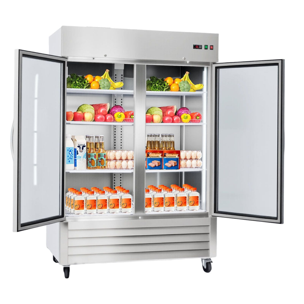 Commercial Refrigerator, 32.2 in Width Reach In Upright Refrigeration Double Glass Door, 43.2 Cu.ft Auto-Defrost Stainless Steel Refrigerator with 8 Adjustable Shelves, 32 to 50 F Temp Range