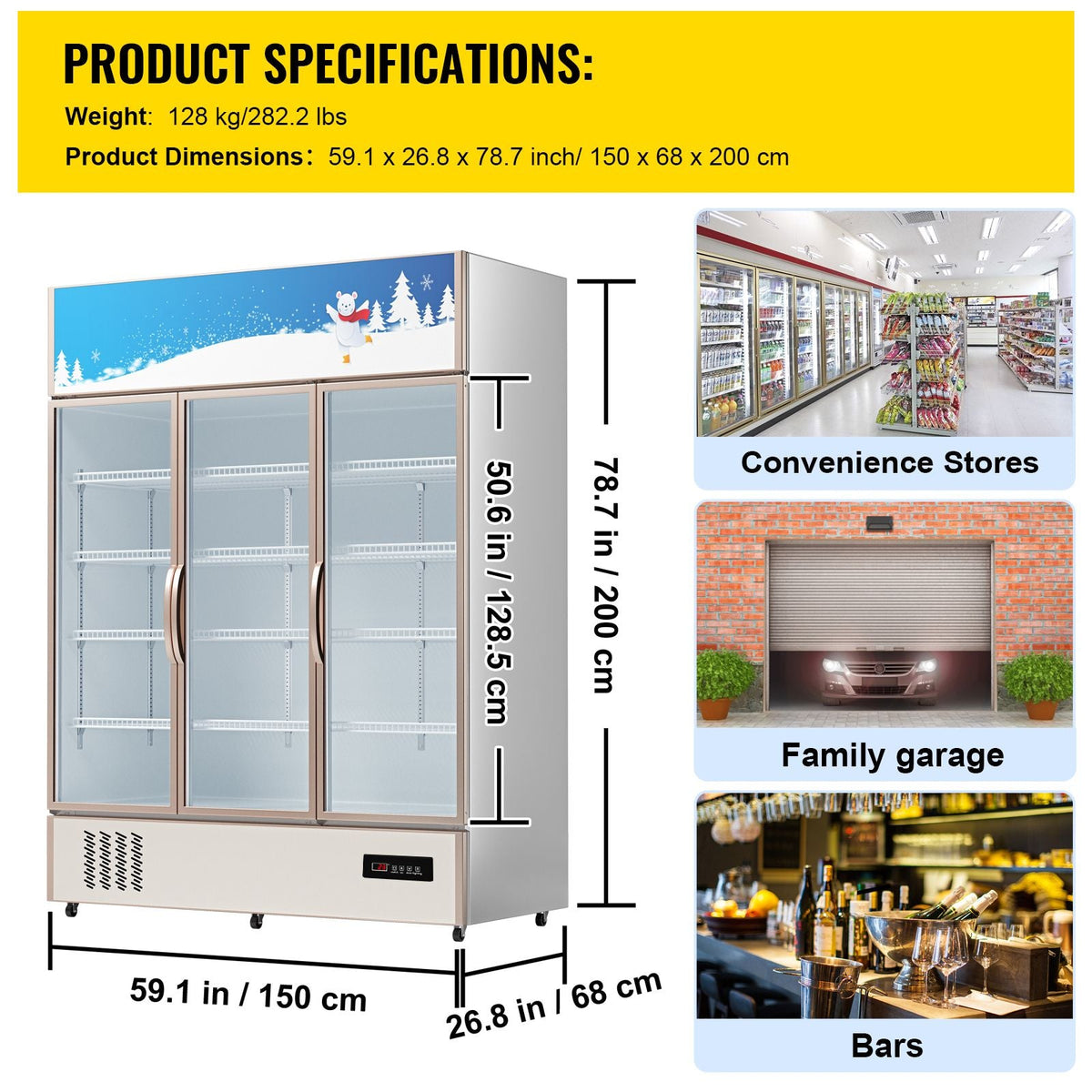 Commercial Refrigerator,Display Fridge Upright Beverage Cooler, Glass Door with LED Light for Home, Store, Gym or Office, (35 cu.ft. Triple Swing Door)