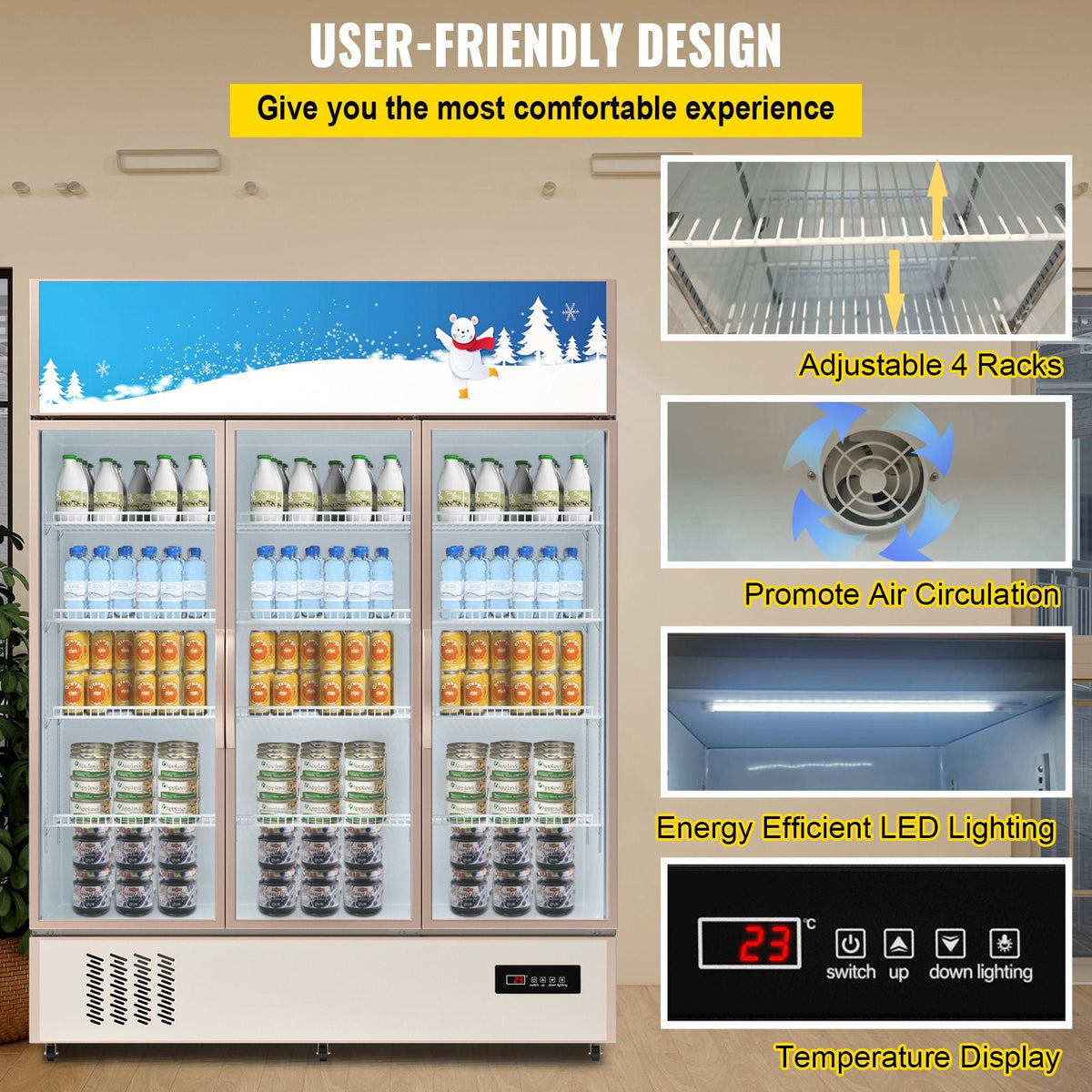 Commercial Refrigerator,Display Fridge Upright Beverage Cooler, Glass Door with LED Light for Home, Store, Gym or Office, (35 cu.ft. Triple Swing Door)