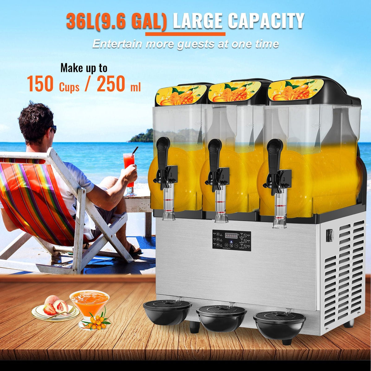 Commercial Slushy Machine, 36L/9.6Gal Stainless Steel Margarita Smoothie Frozen Drink Maker, 150 Cup Triple Bowl Slushie Maker, 860W Slushie Machine for Home Party Restaurants Cafe Bars Use