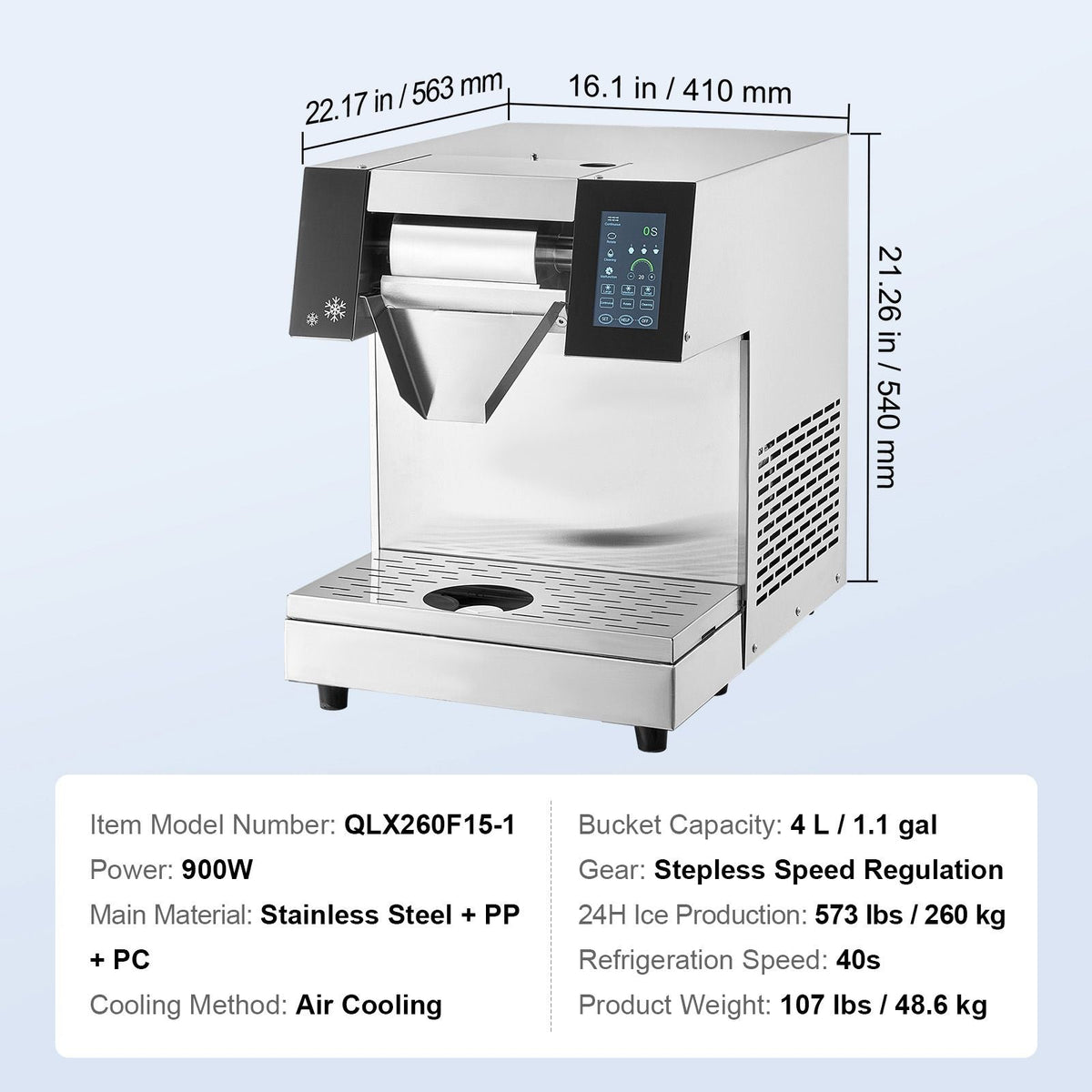 Commercial Snowflake Ice Machine, 573LBS/24H Snowflake Ice Maker, Stainless Steel Ice Shaver Machine, Electric Snow Cone Maker, Air Cooling System for Rapid Heat Dissipation, for Bakery, Cafe