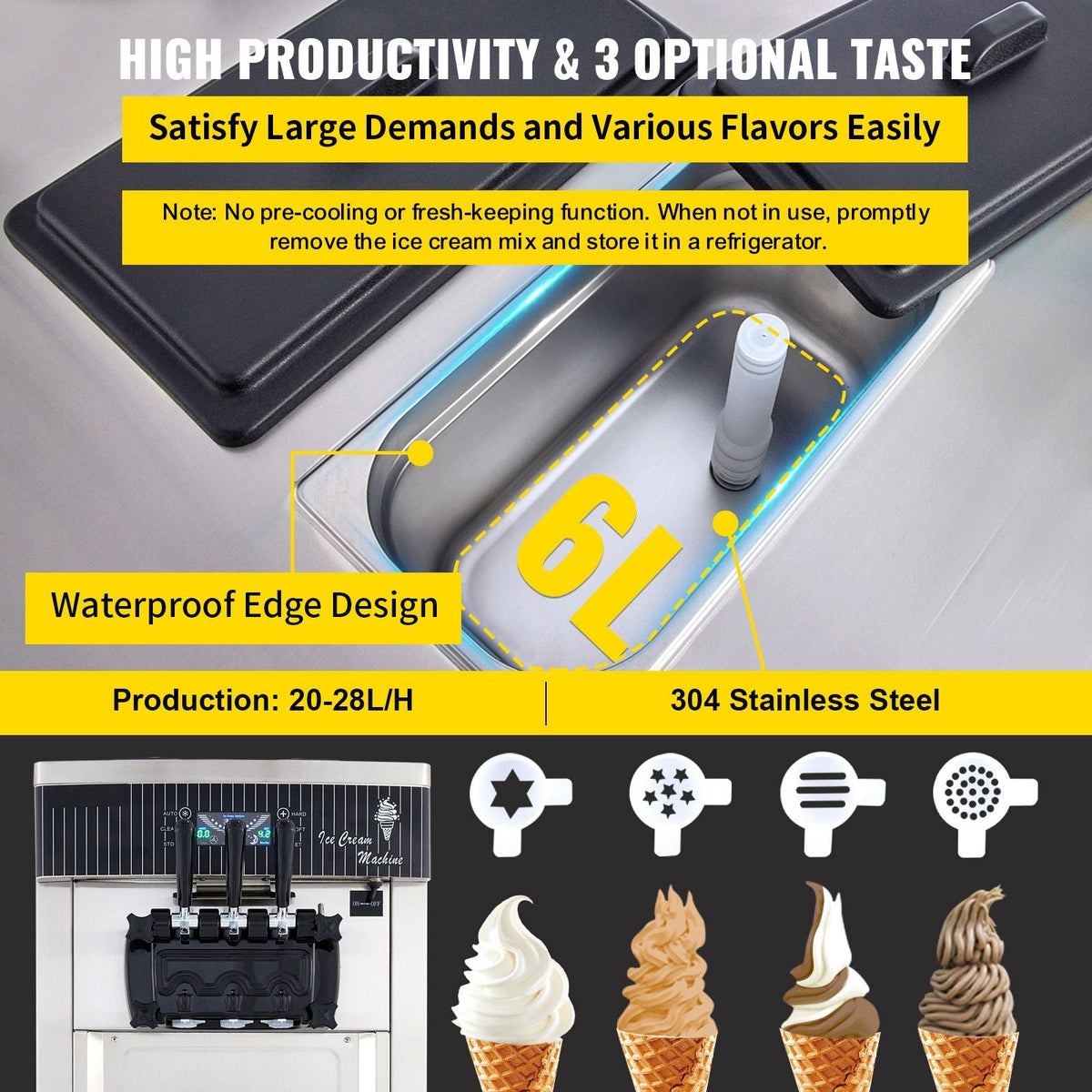 Commercial Soft Ice Cream Machine, 2200W Serve Yogurt Maker, 3 Flavors Ice Cream Maker, 5.3 to 7.4 Gallons per Hour Auto Clean LCD Panel for Restaurants Snack Bars, Stainless Steel