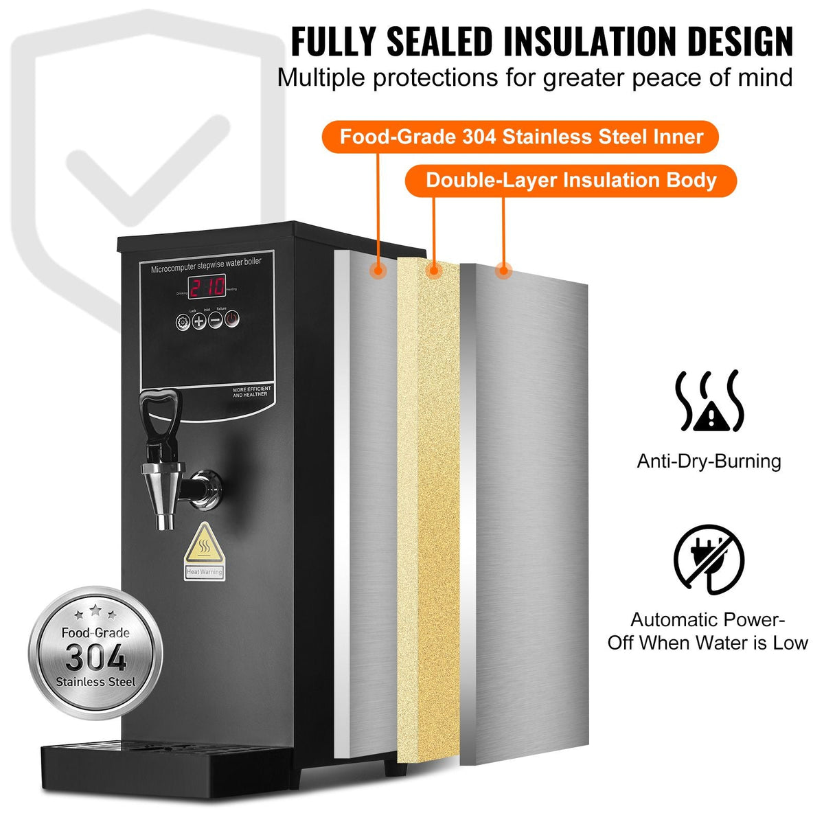 Commercial Water Boiler, Electric Hot Water Dispenser with 316 Stainless Steel Heating Tube, 1500W Step-by-step Fast Heating 50L per Hour Hot Water Boiler, for Coffee Tea Restaurant Office