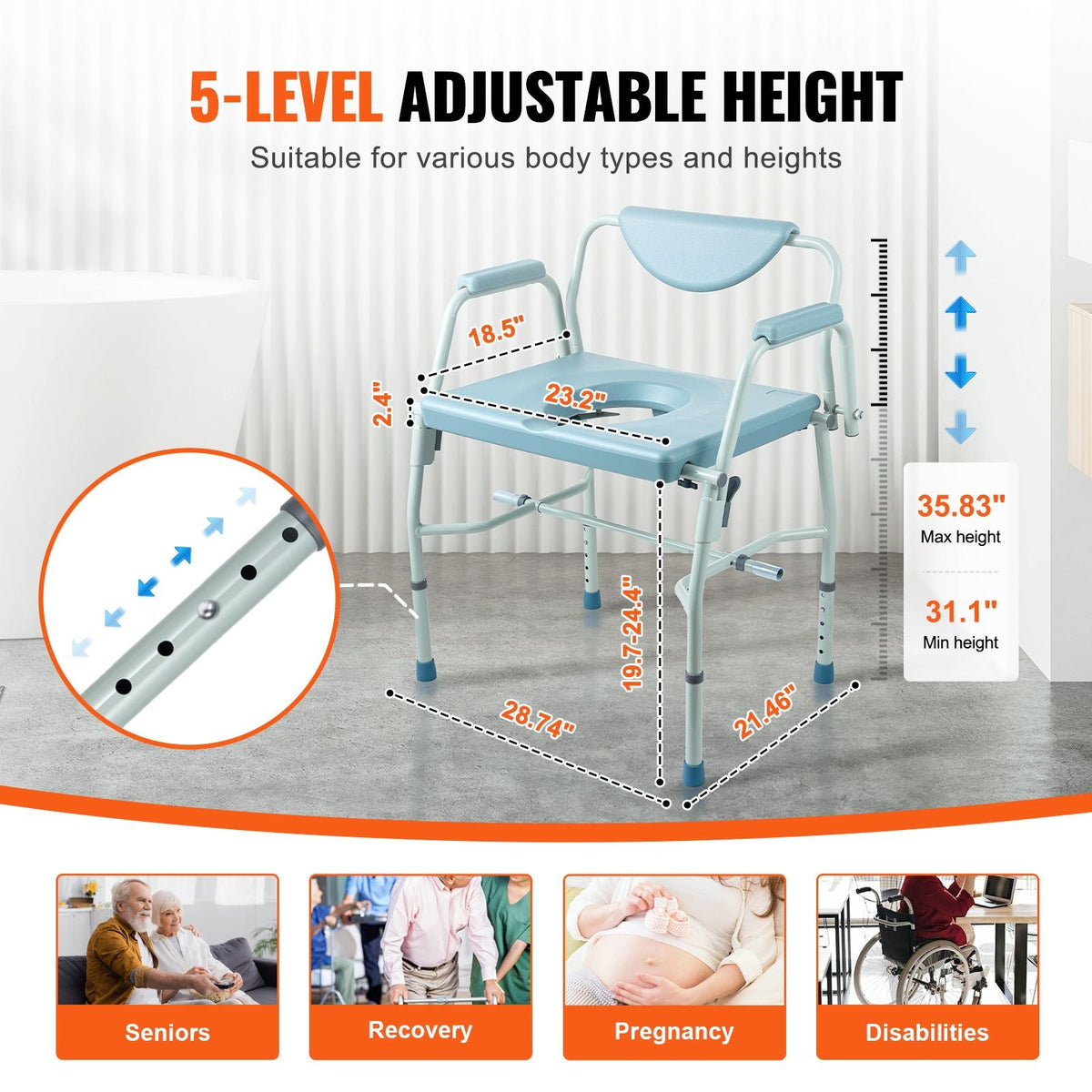 Commode Chair, Bedside Commode with Drop-Down Arms and Detachable Backrest, 5-Level Adjustable Height, 7L Removable Bucket, Easy to Assemble, 1000LBS Capacity, Portable Toilet for Adults Seniors