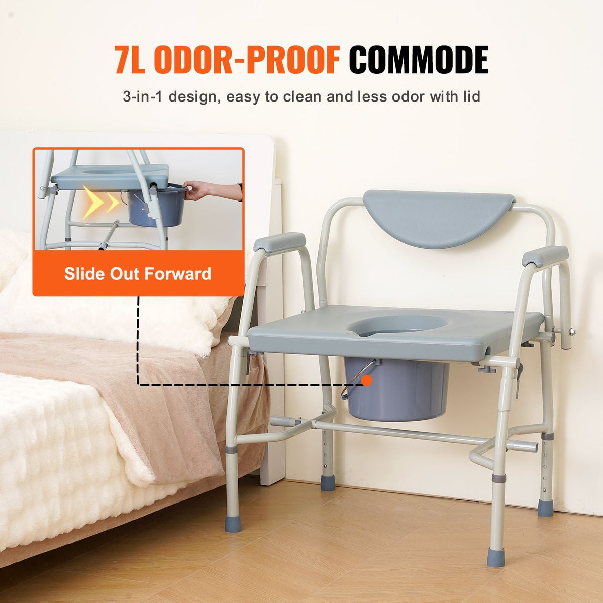 Commode Chair, Bedside Commode with Drop-Down Arms and Detachable Backrest, 5-Level Adjustable Height, 7L Removable Bucket, Easy to Assemble, 1000LBS Capacity, Portable Toilet for Adults Seniors