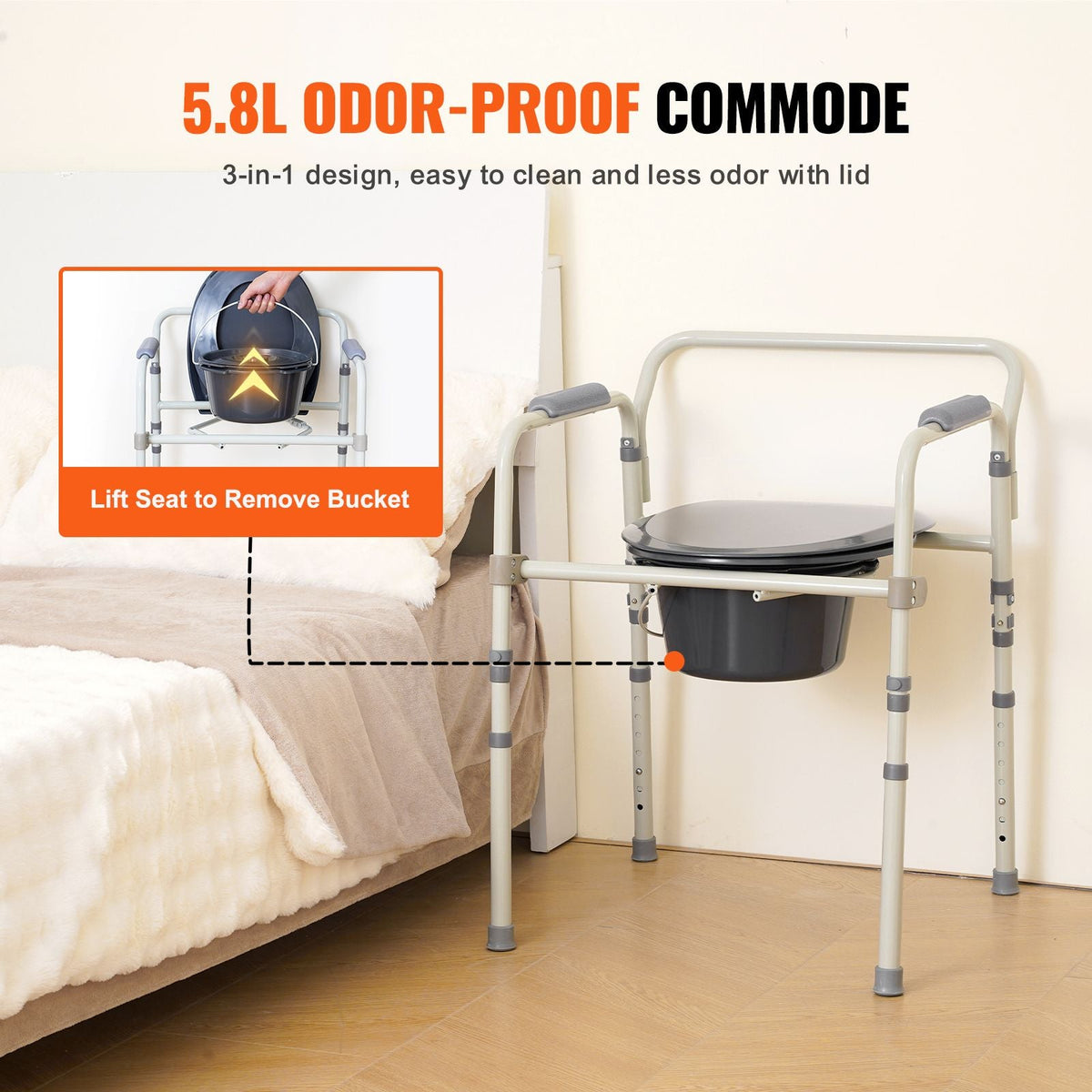 Commode Chair, Bedside Commode with Wider Toilet Seat, 7-Level Adjustable Height, 5.8L Removable Bucket, Easy to Assemble, 350 LBS Capacity, Raised Toilet Seat for Adults Seniors