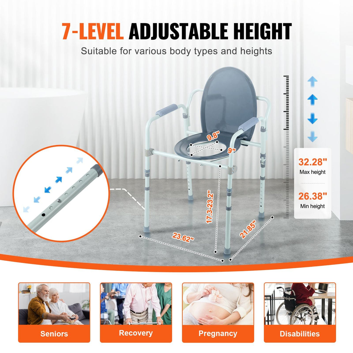 Commode Chair, Bedside Commode with Wider Toilet Seat, 7-Level Adjustable Height, 5.8L Removable Bucket, Easy to Assemble, 350 LBS Capacity, Raised Toilet Seat for Adults Seniors