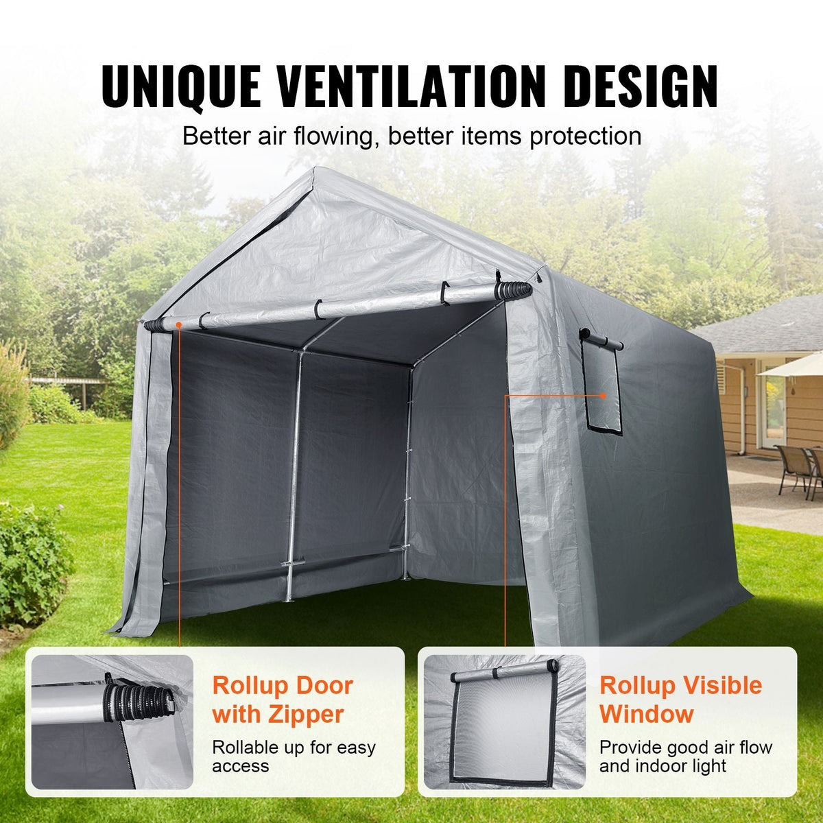 Compact Outdoor Shelter, 10x10x8.5 ft Durable Season-Long Storage Tent with Easy Access Zip Door and Airy Windows for Bikes, Motorcycles, and Garden Equipment