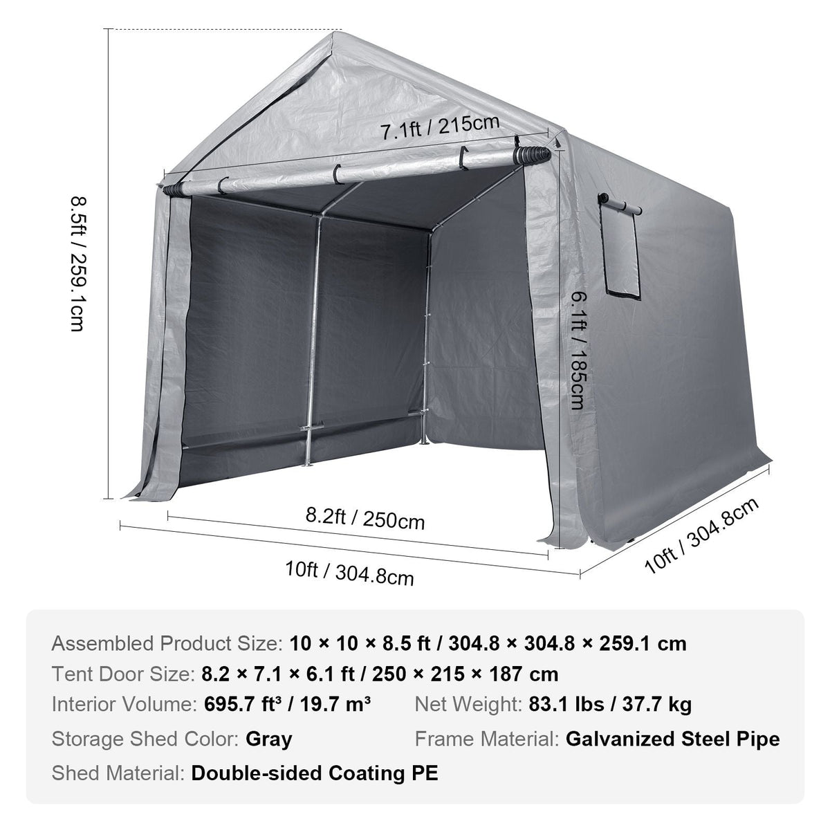 Compact Outdoor Shelter, 10x10x8.5 ft Durable Season-Long Storage Tent with Easy Access Zip Door and Airy Windows for Bikes, Motorcycles, and Garden Equipment