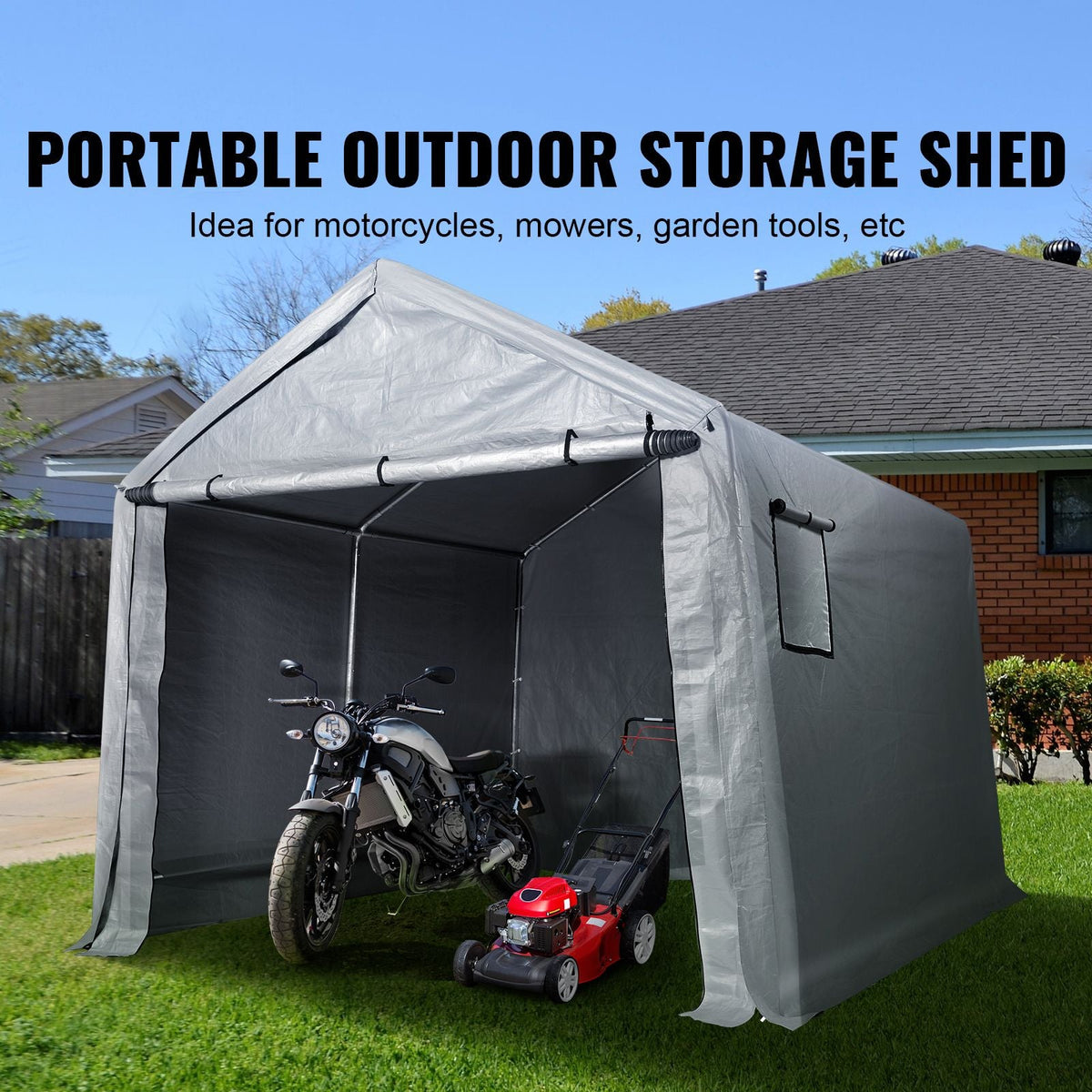 Compact Outdoor Shelter, 10x10x8.5 ft Durable Season-Long Storage Tent with Easy Access Zip Door and Airy Windows for Bikes, Motorcycles, and Garden Equipment
