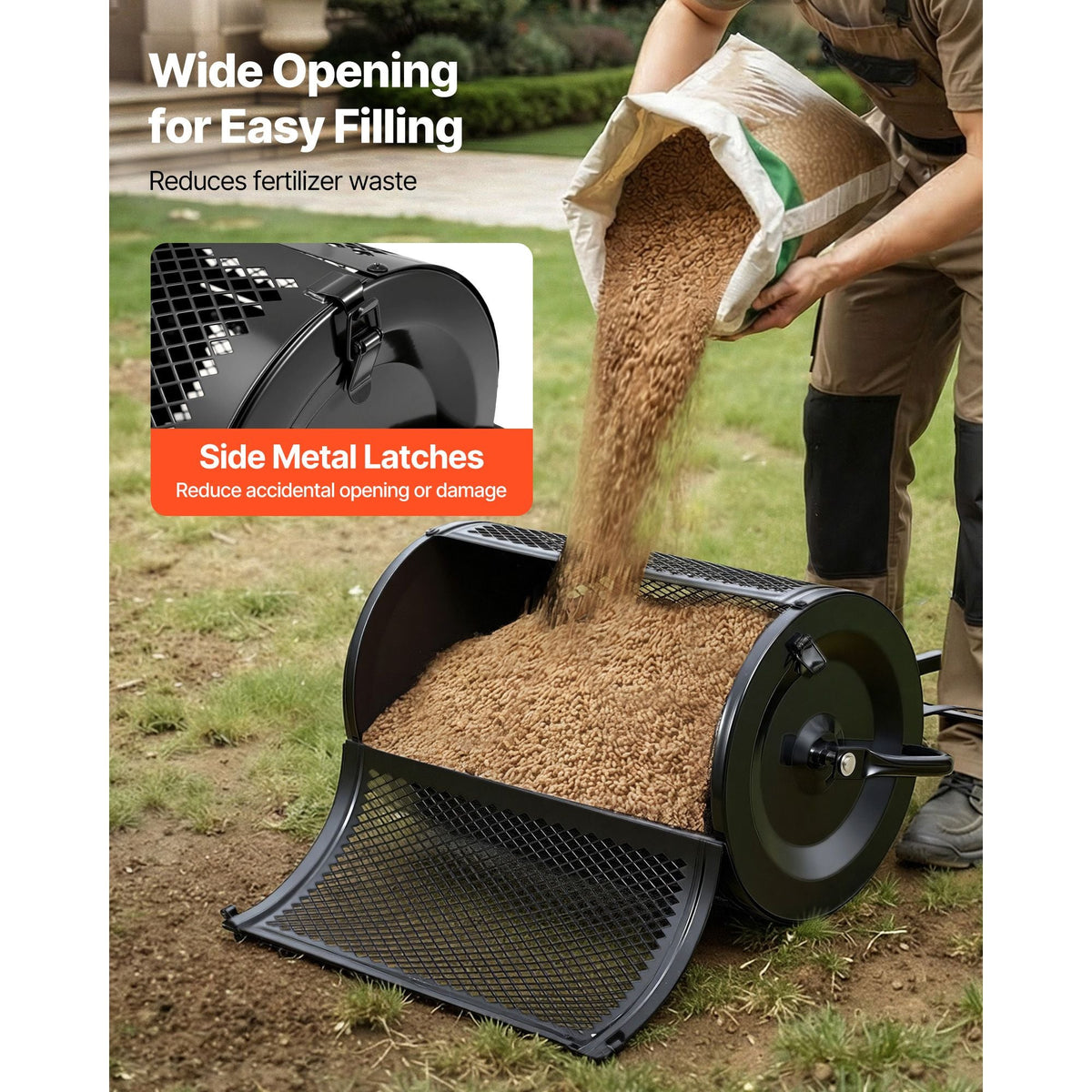 Compost Spreader, 24" Wide Peat Moss Spreader with Push/Tow Handle & Brush, 4 Heights Adjustable, Powder-Coated Steel Garden Peat Moss Roller, Heavy Duty Grass Seed Roller for Planting Seeding