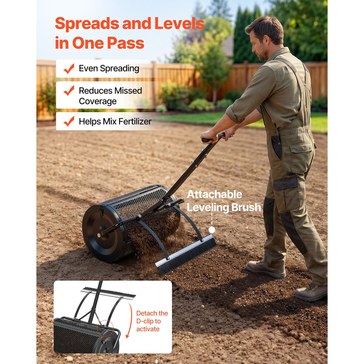 Compost Spreader, 24" Wide Peat Moss Spreader with Push/Tow Handle & Brush, 4 Heights Adjustable, Powder-Coated Steel Garden Peat Moss Roller, Heavy Duty Grass Seed Roller for Planting Seeding